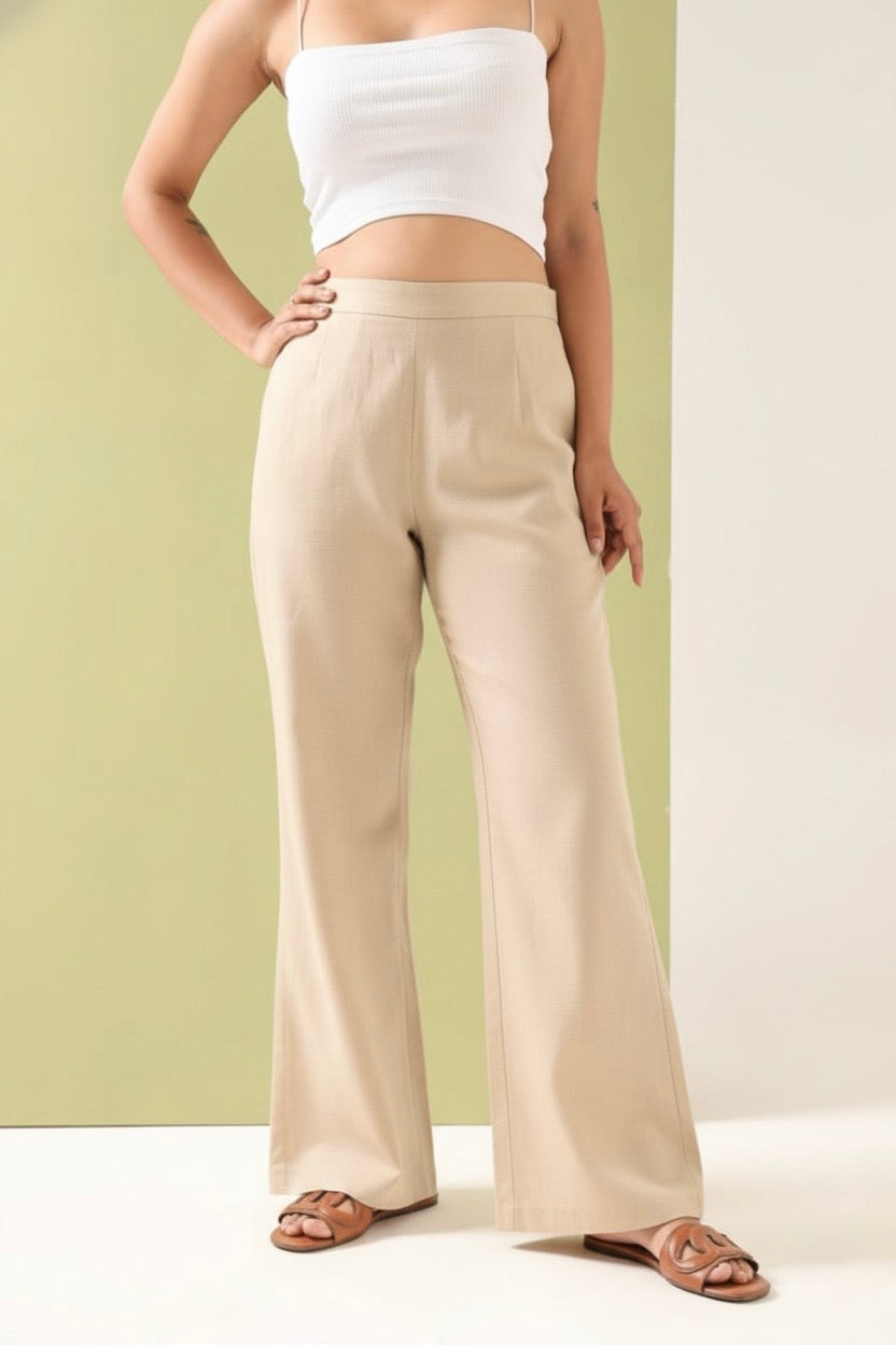 Women's Beige High-Waist Wide Leg Trousers
