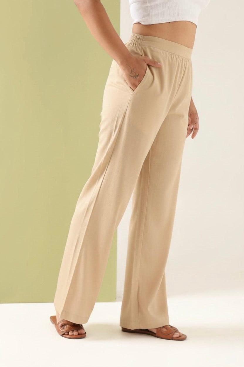Women's Beige Relaxed Fit Wide Leg Palazzo Pants