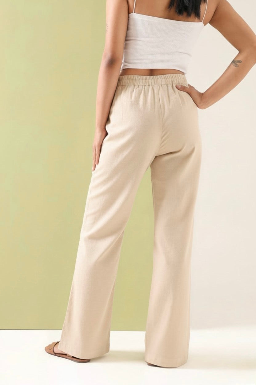 Women's Beige Relaxed Fit Wide Leg Palazzo Pants