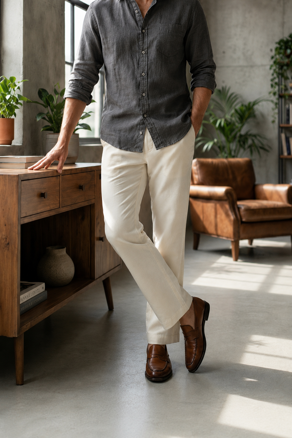 Men's Off-White Linen Blend Straight Fit Casual Trousers