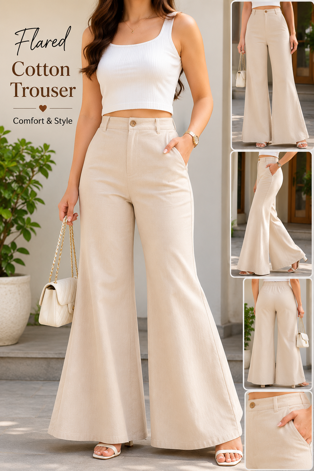 Women's High-Waist Flarred Cotton Trousers
