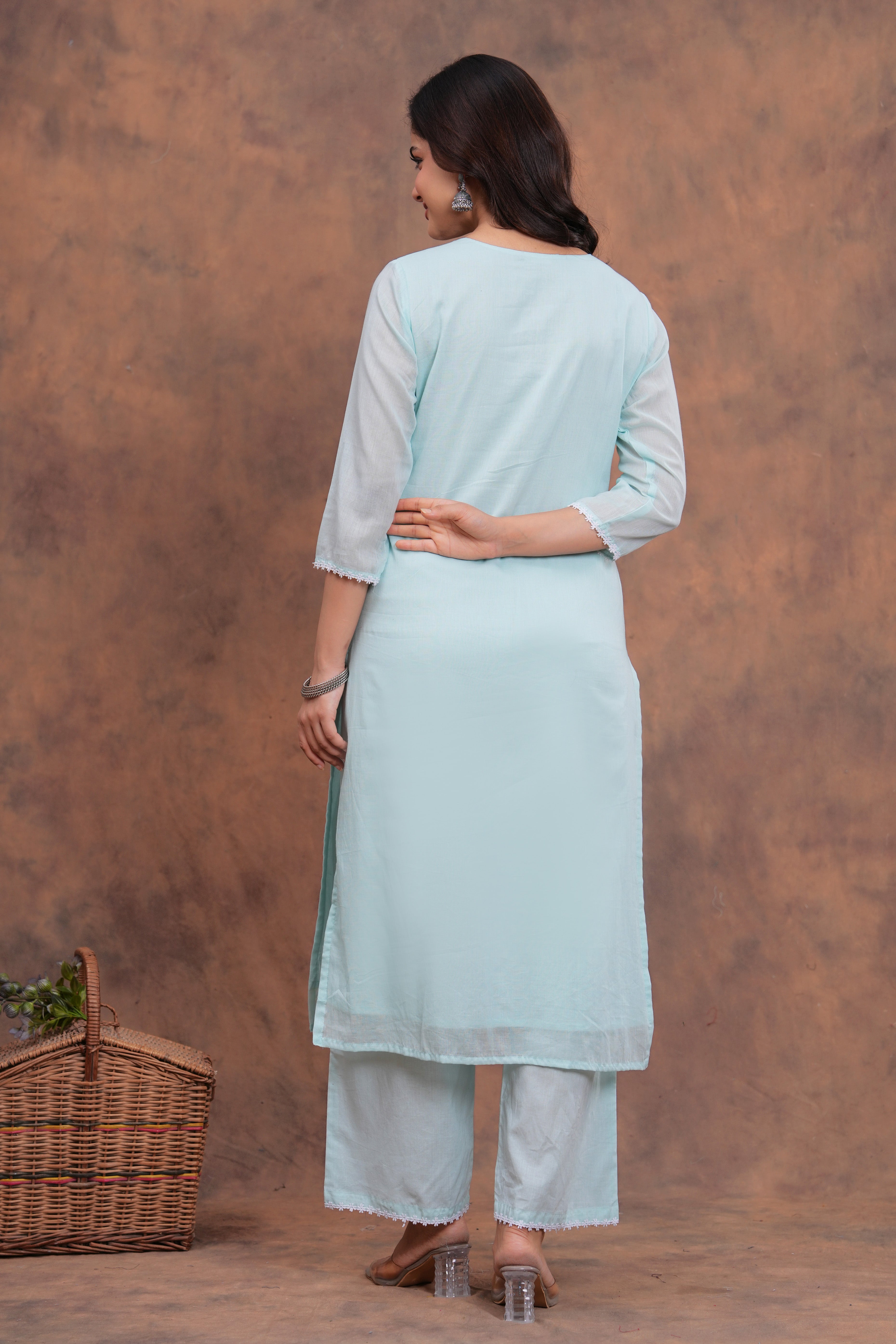 Sky Blue Mul Cotton Laced Suit Set