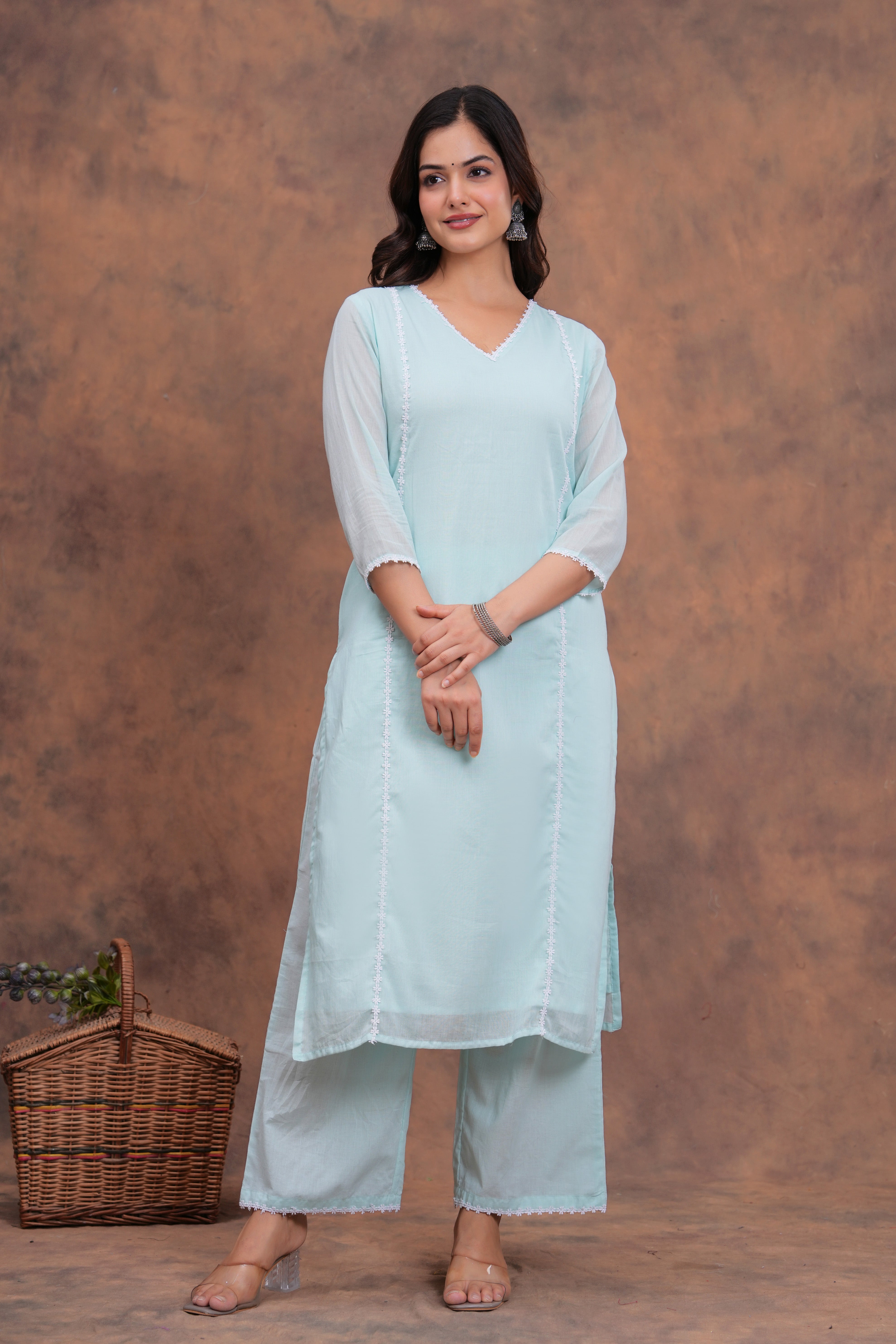 Sky Blue Mul Cotton Laced Suit Set