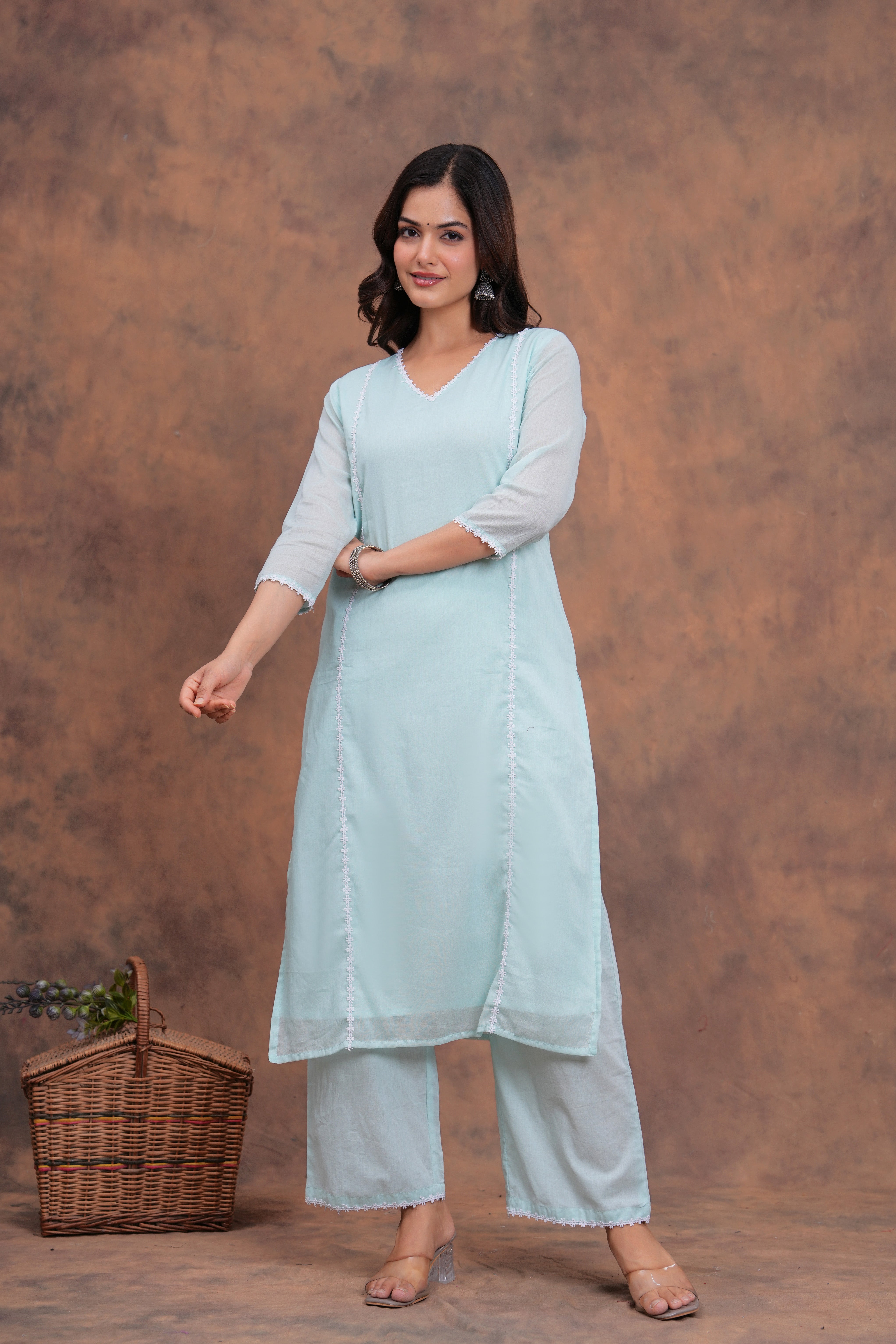 Sky Blue Mul Cotton Laced Suit Set