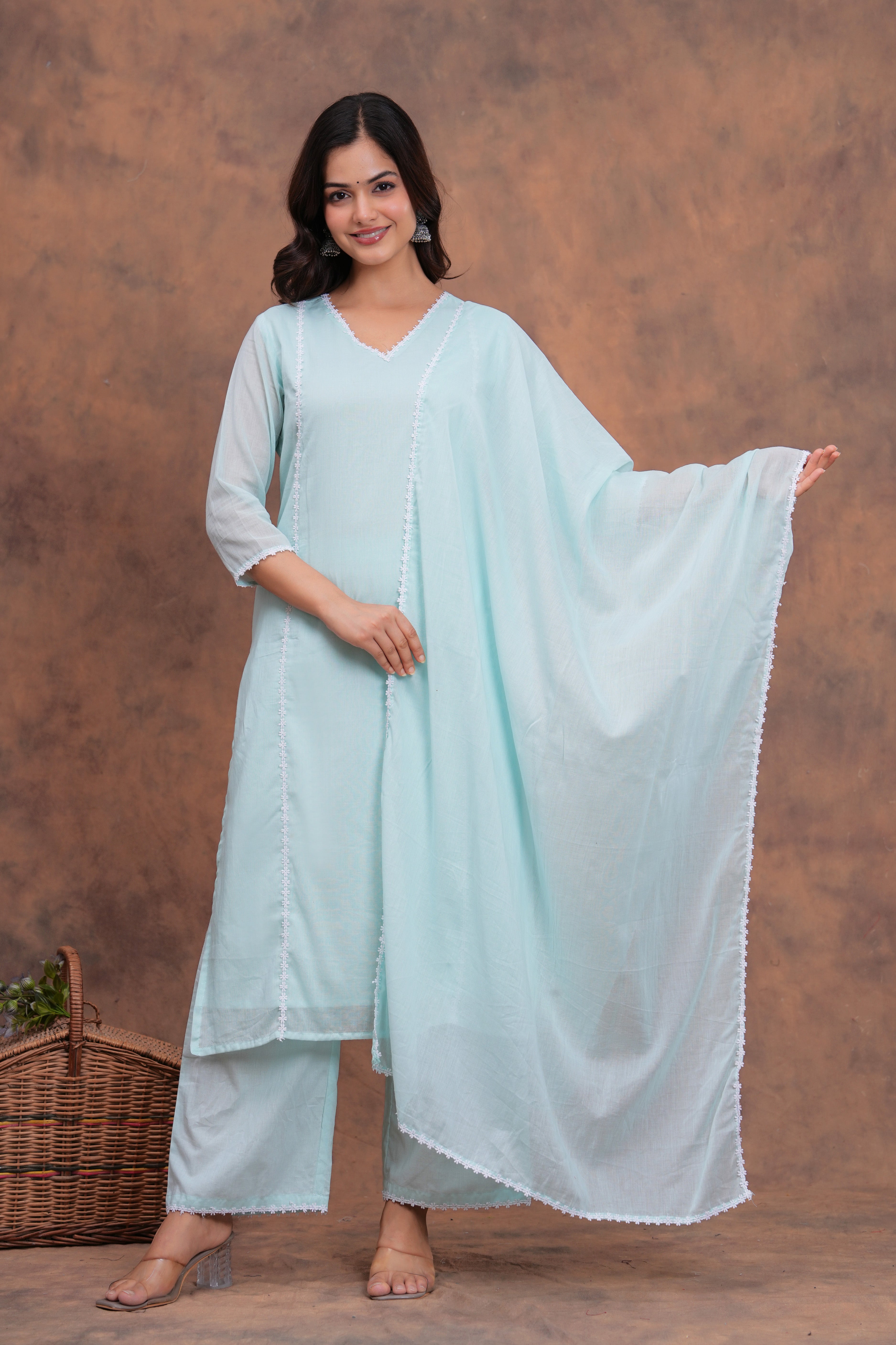 Sky Blue Mul Cotton Laced Suit Set