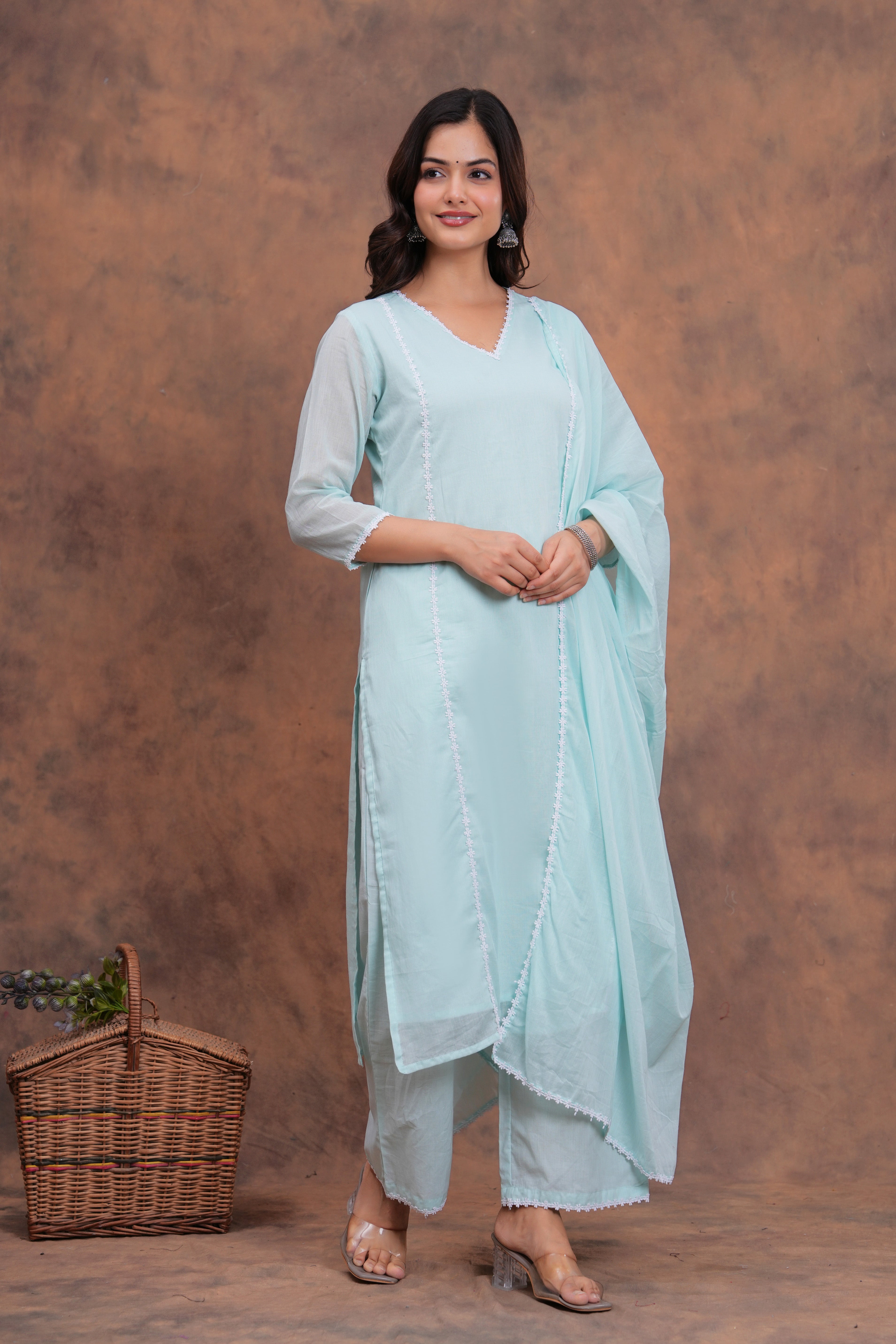 Sky Blue Mul Cotton Laced Suit Set