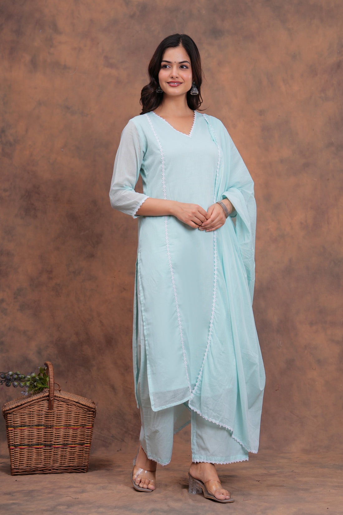 Sky Blue Mul Cotton Laced Suit Set