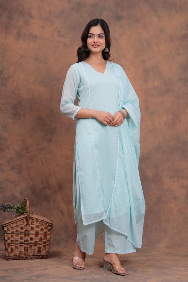 Sky Blue Mul Cotton Laced Suit Set