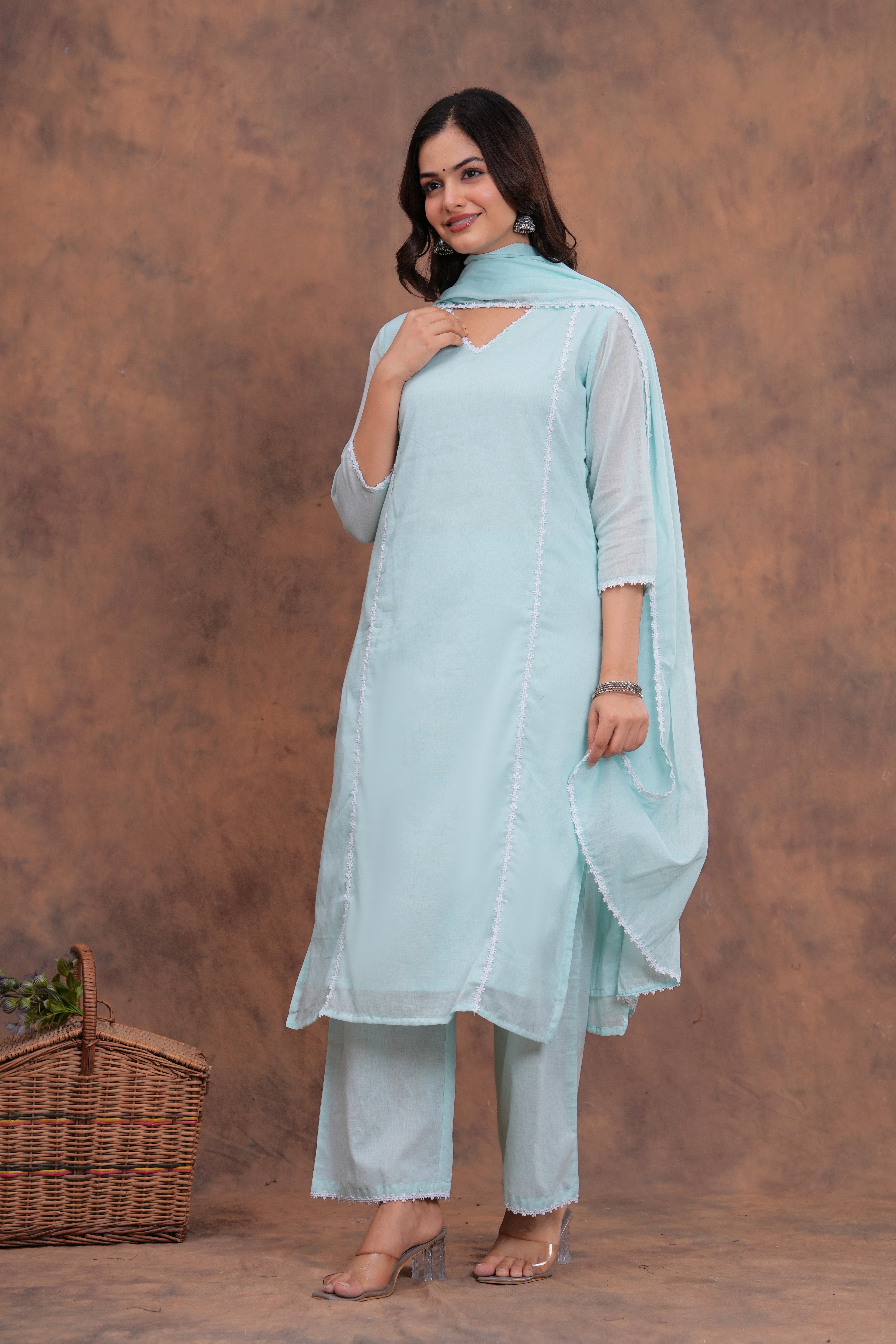 Sky Blue Mul Cotton Laced Suit Set