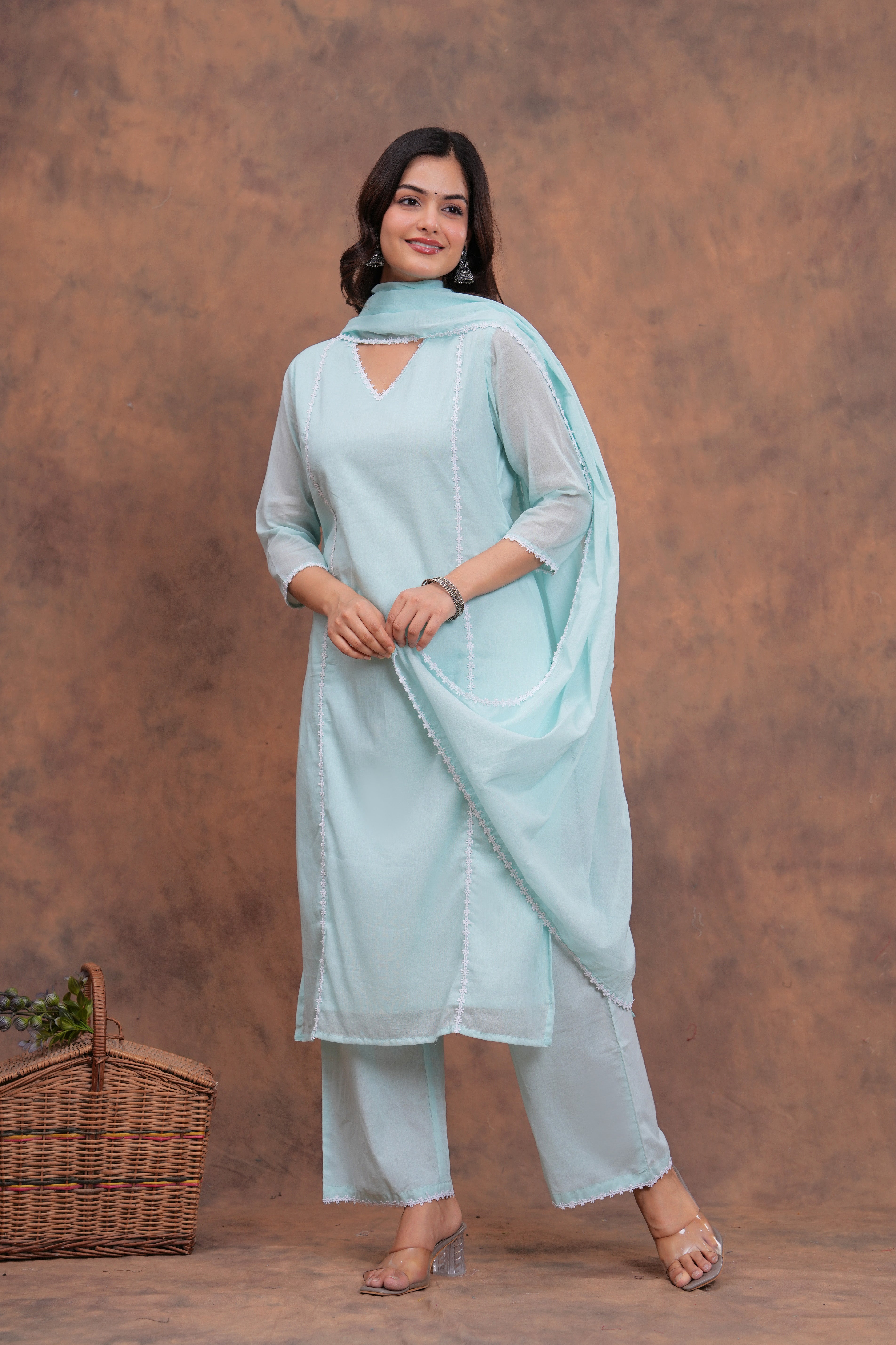 Sky Blue Mul Cotton Laced Suit Set