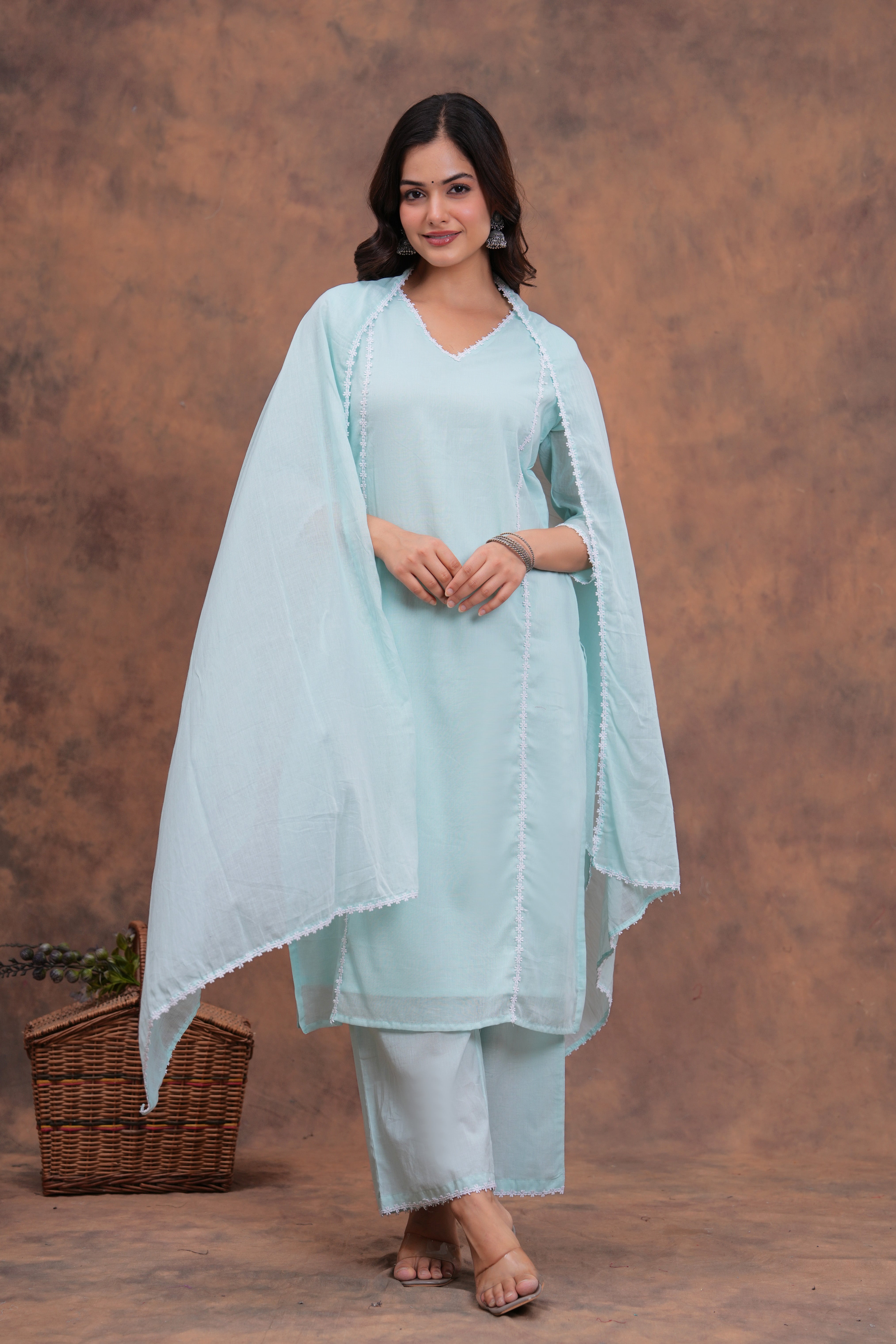 Sky Blue Mul Cotton Laced Suit Set