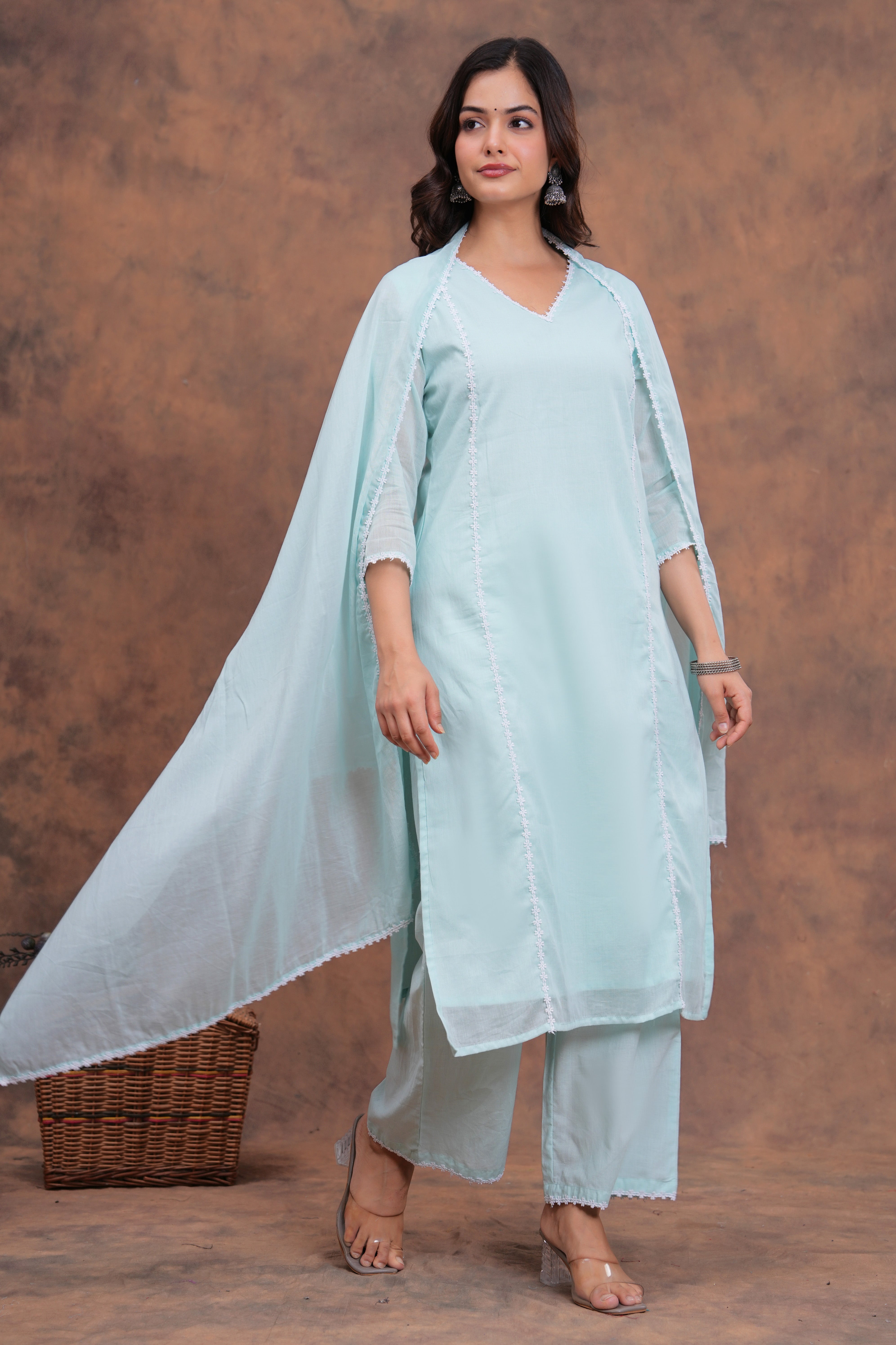 Sky Blue Mul Cotton Laced Suit Set