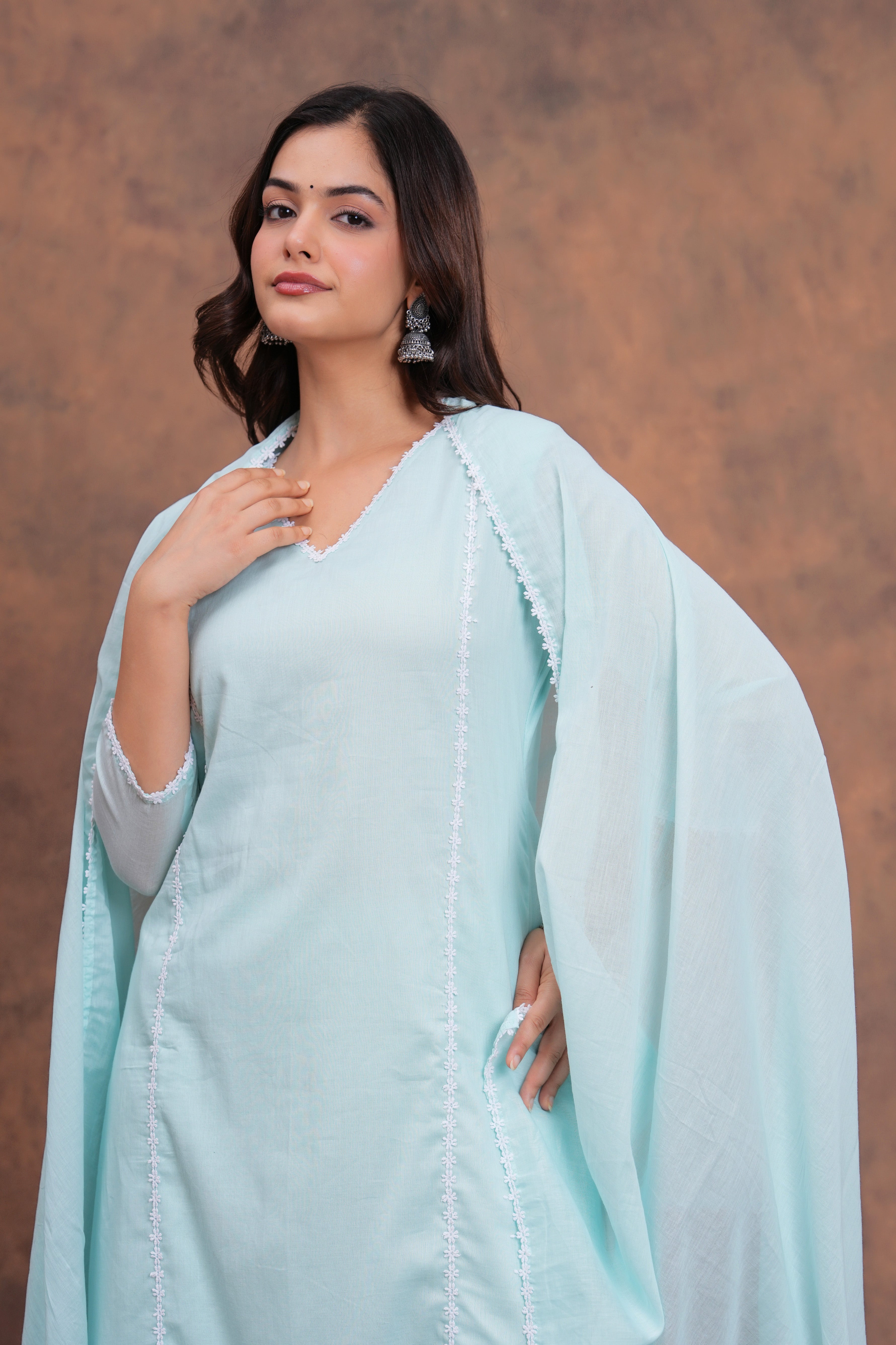 Sky Blue Mul Cotton Laced Suit Set