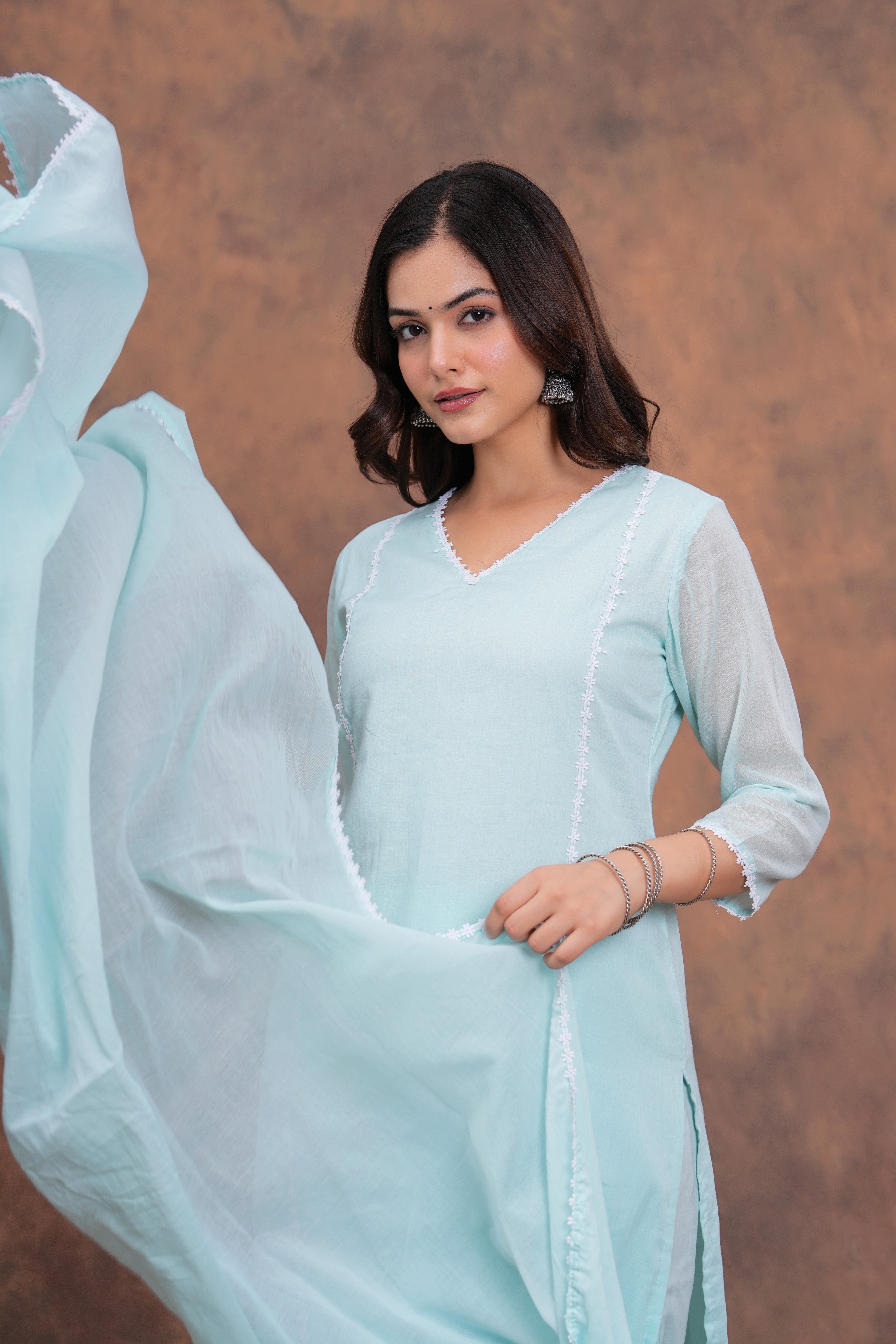 Sky Blue Mul Cotton Laced Suit Set