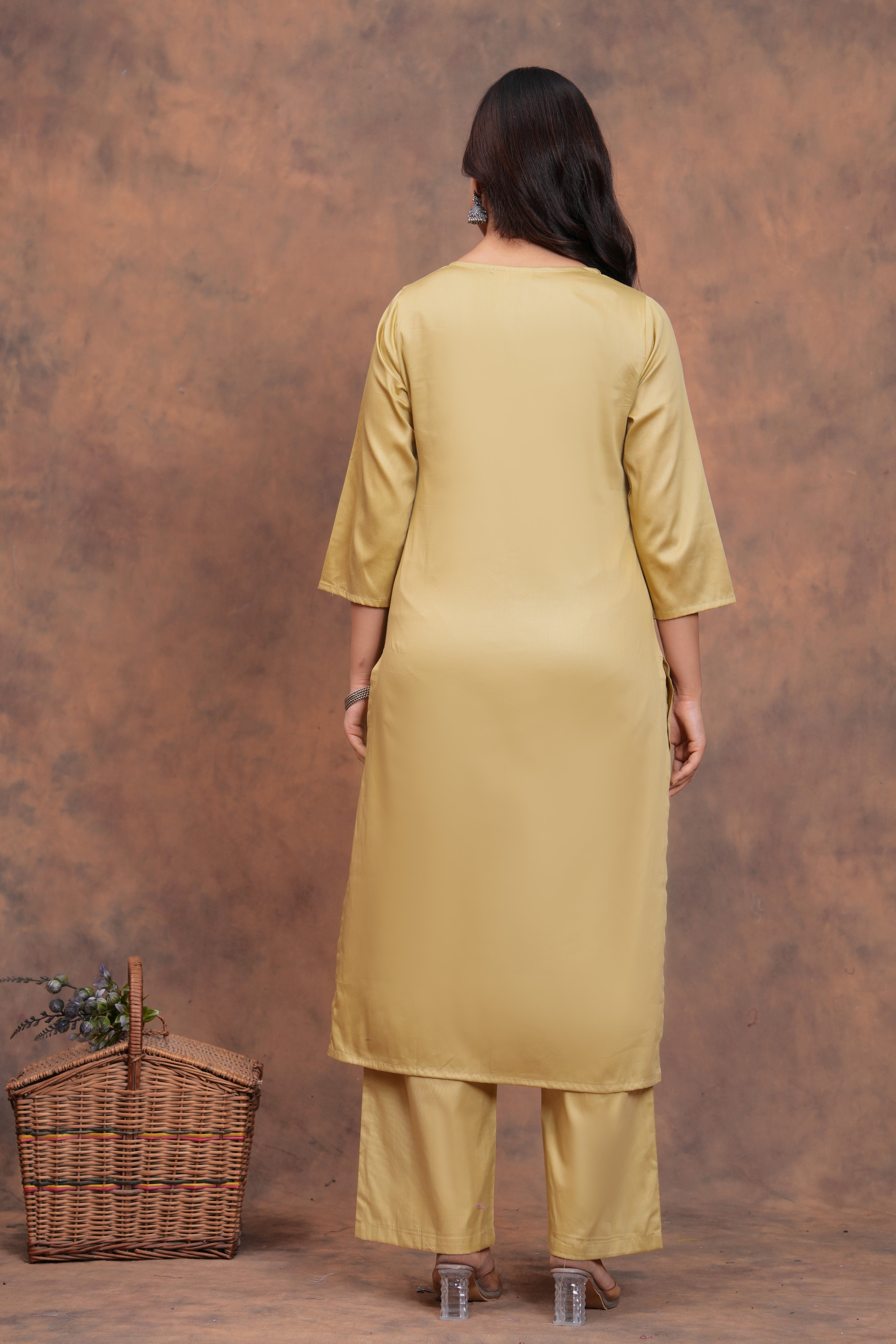 Beige Cotton Silk Scallop Suit Set