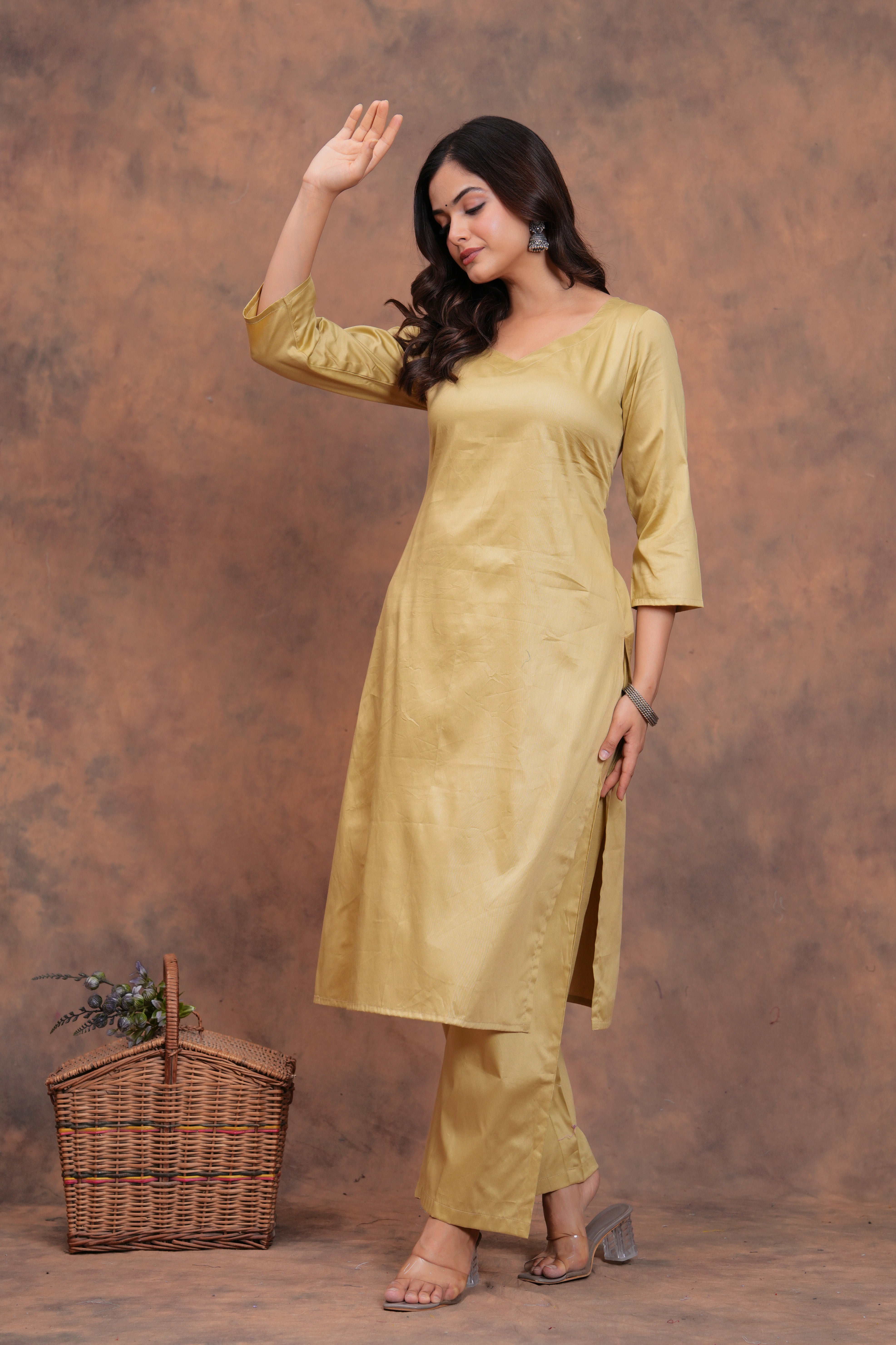 Beige Cotton Silk Scallop Suit Set