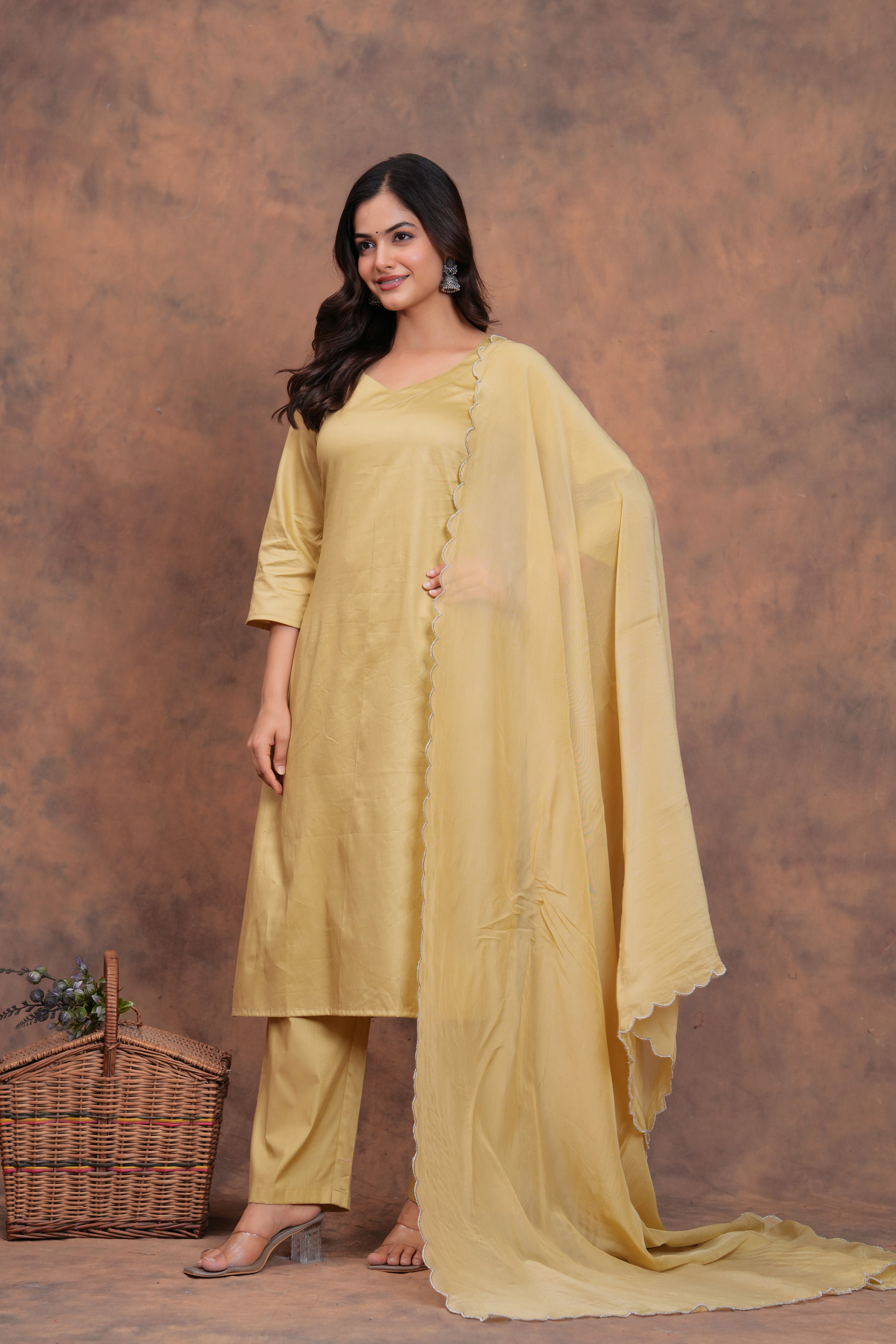 Beige Cotton Silk Scallop Suit Set