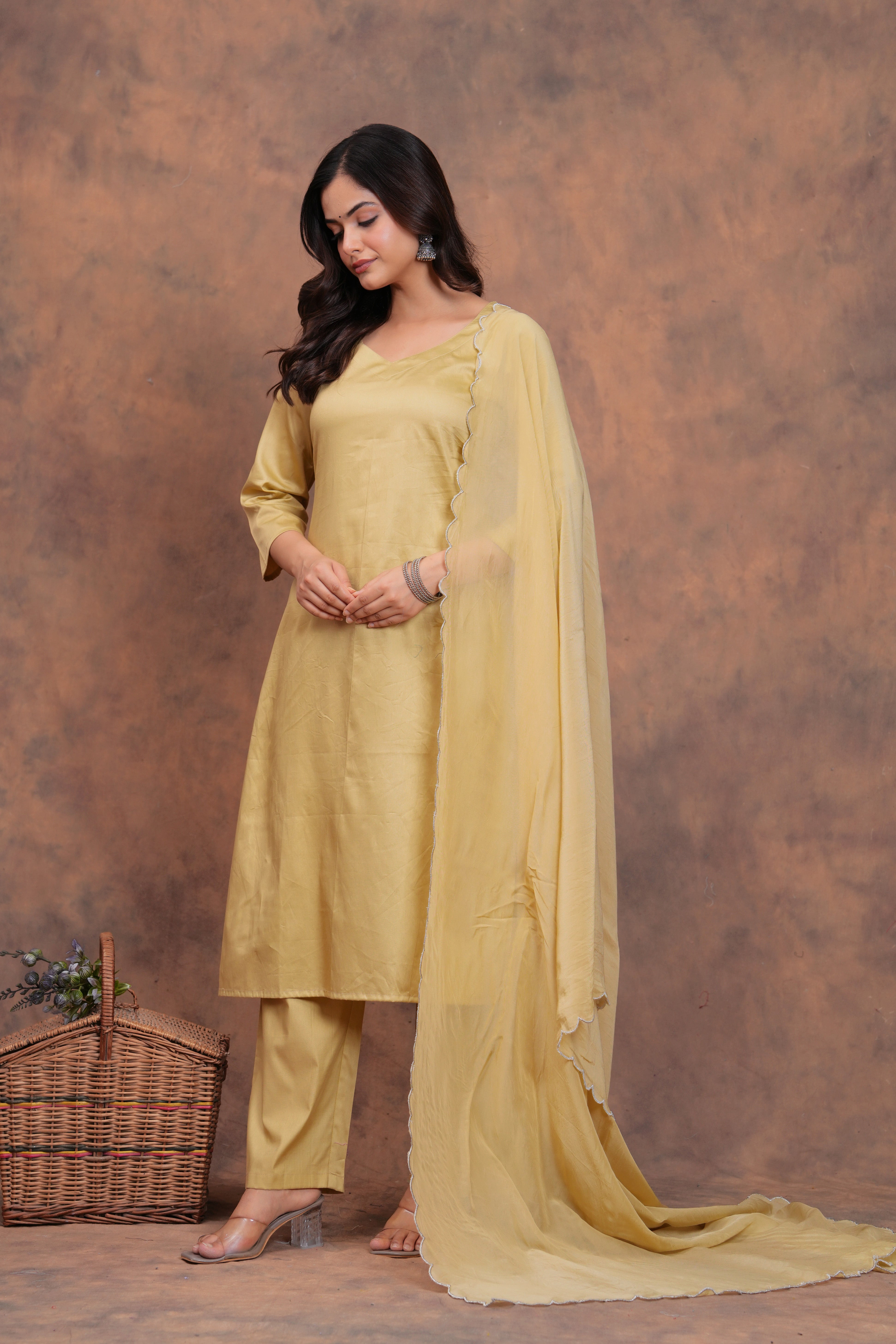 Beige Cotton Silk Scallop Suit Set
