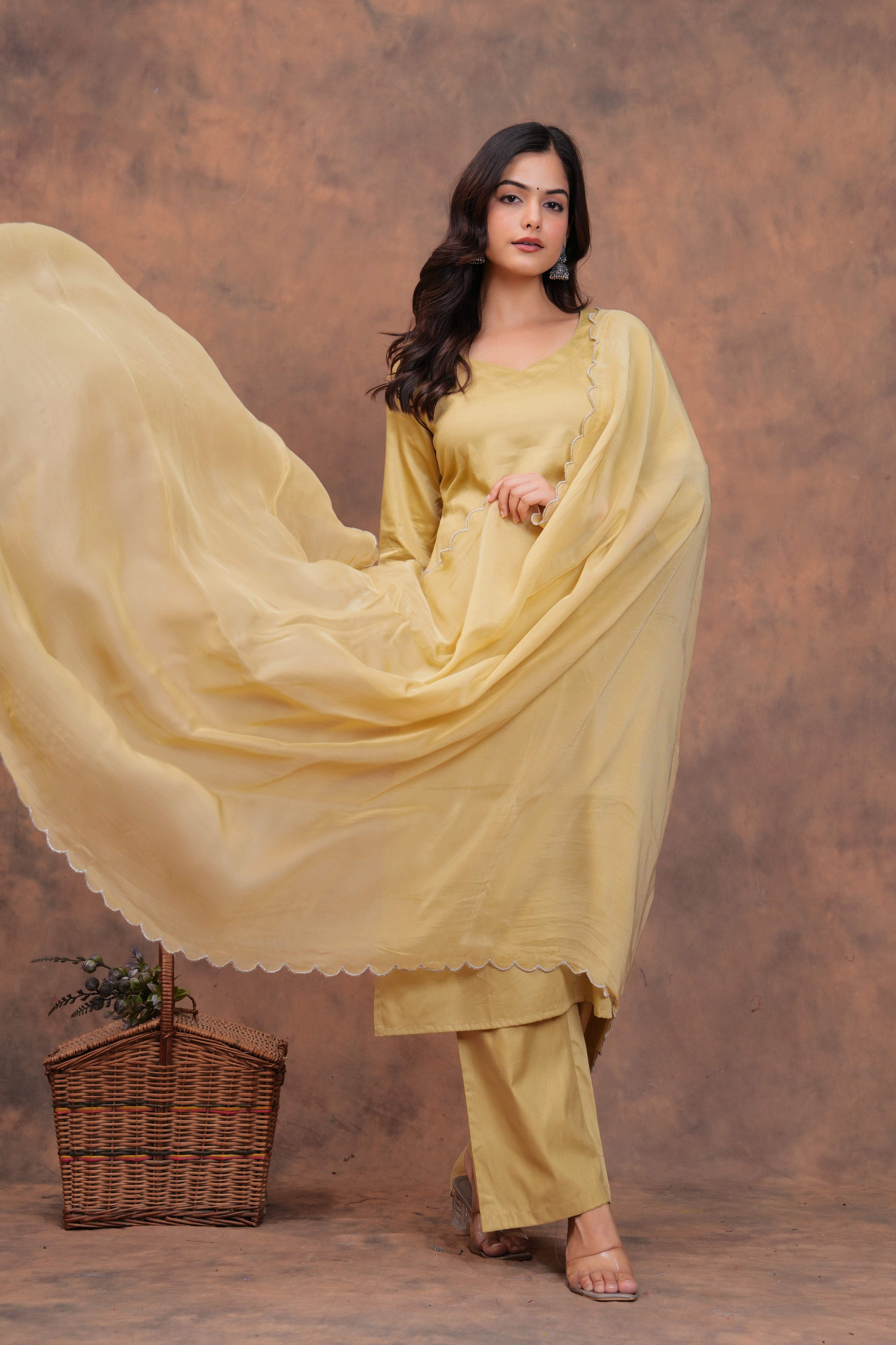 Beige Cotton Silk Scallop Suit Set