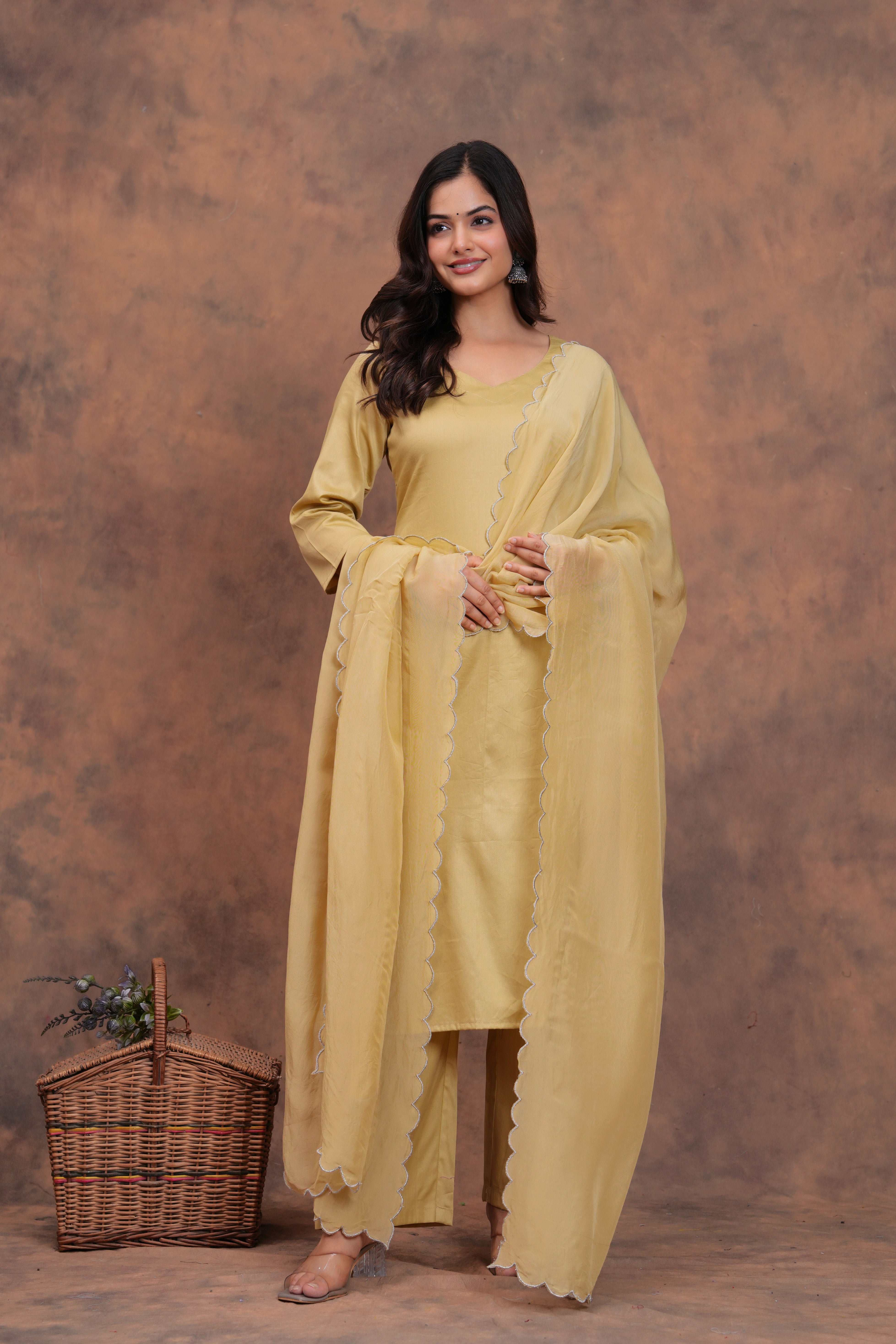 Beige Cotton Silk Scallop Suit Set