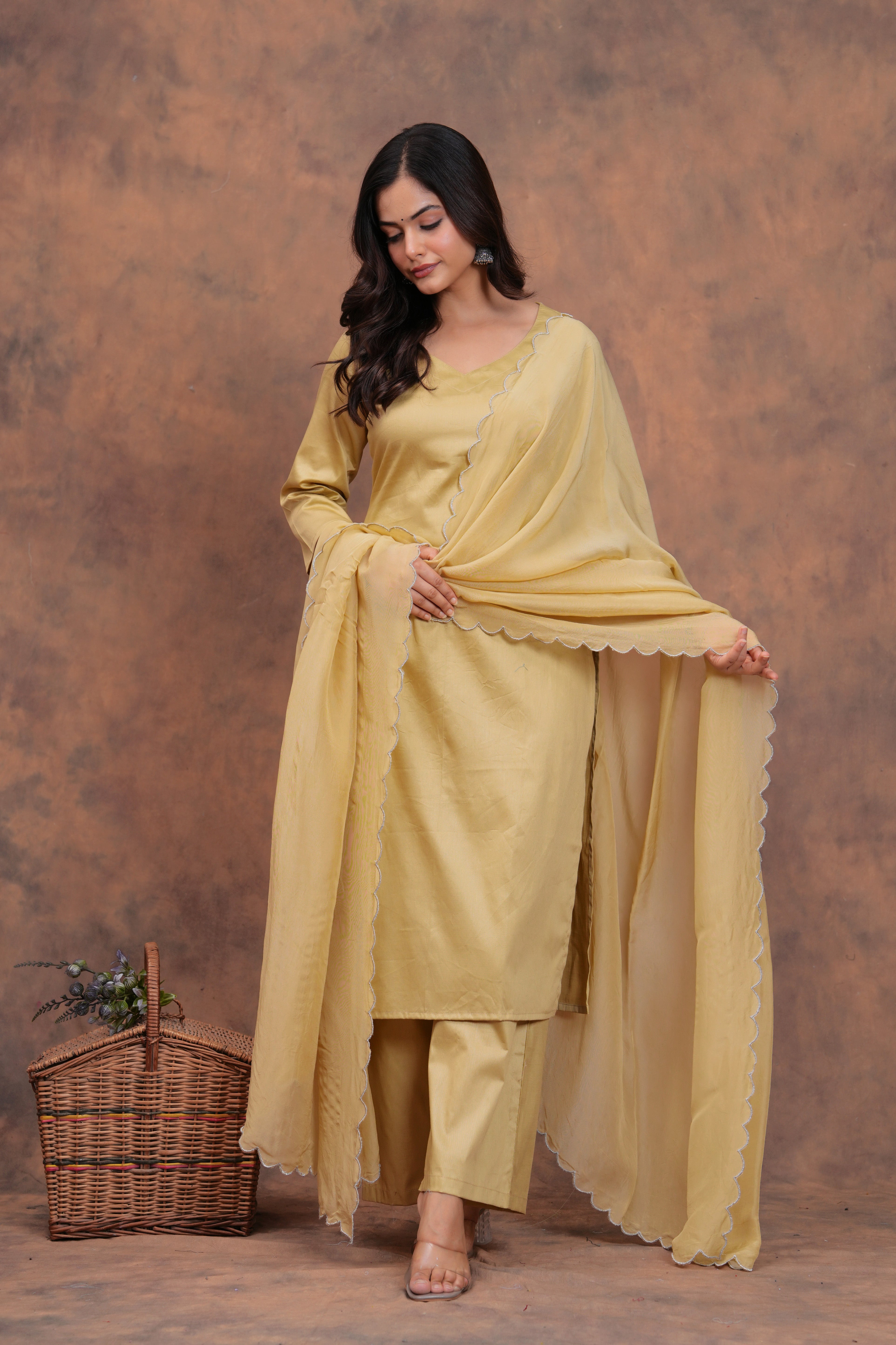 Beige Cotton Silk Scallop Suit Set