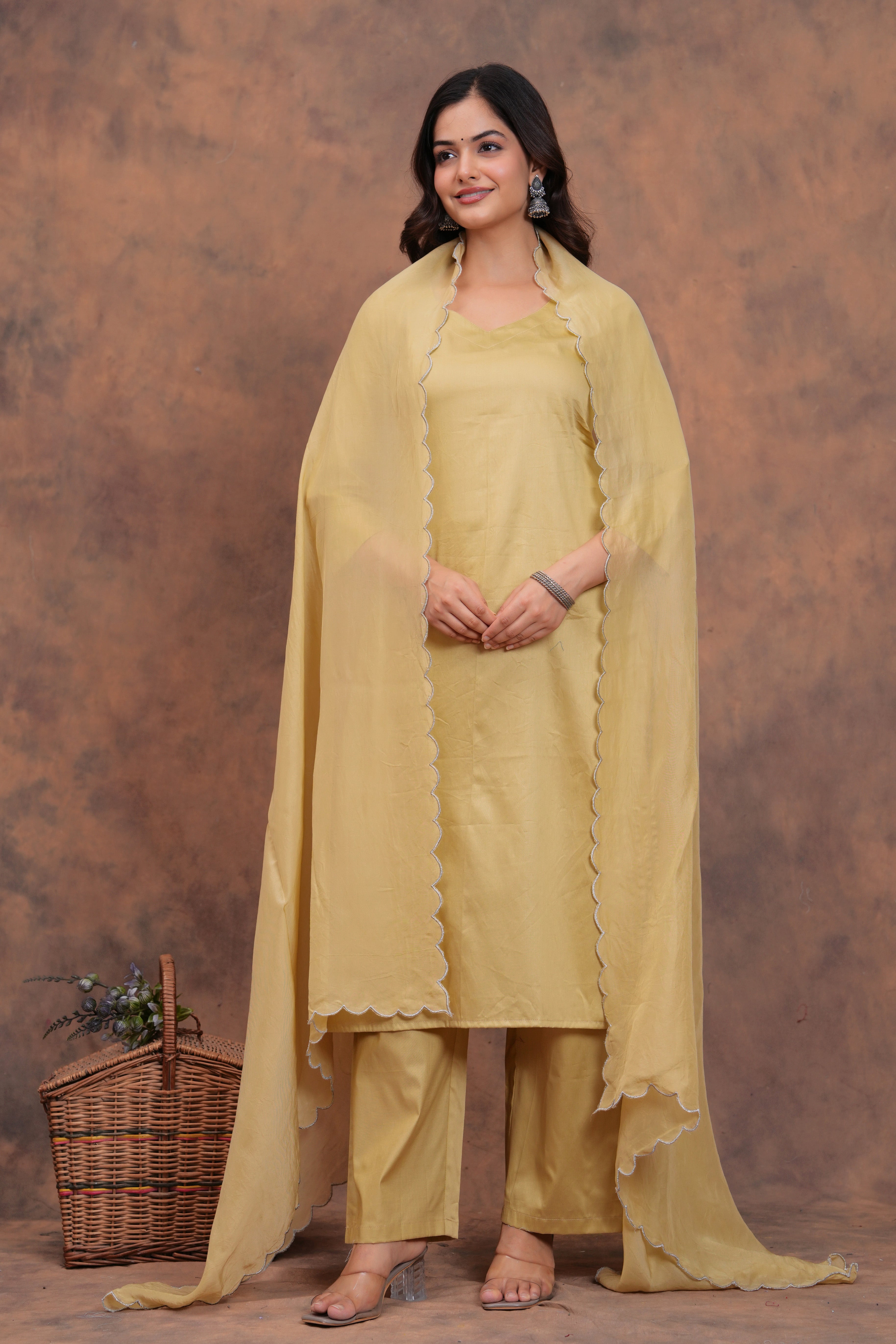Beige Cotton Silk Scallop Suit Set