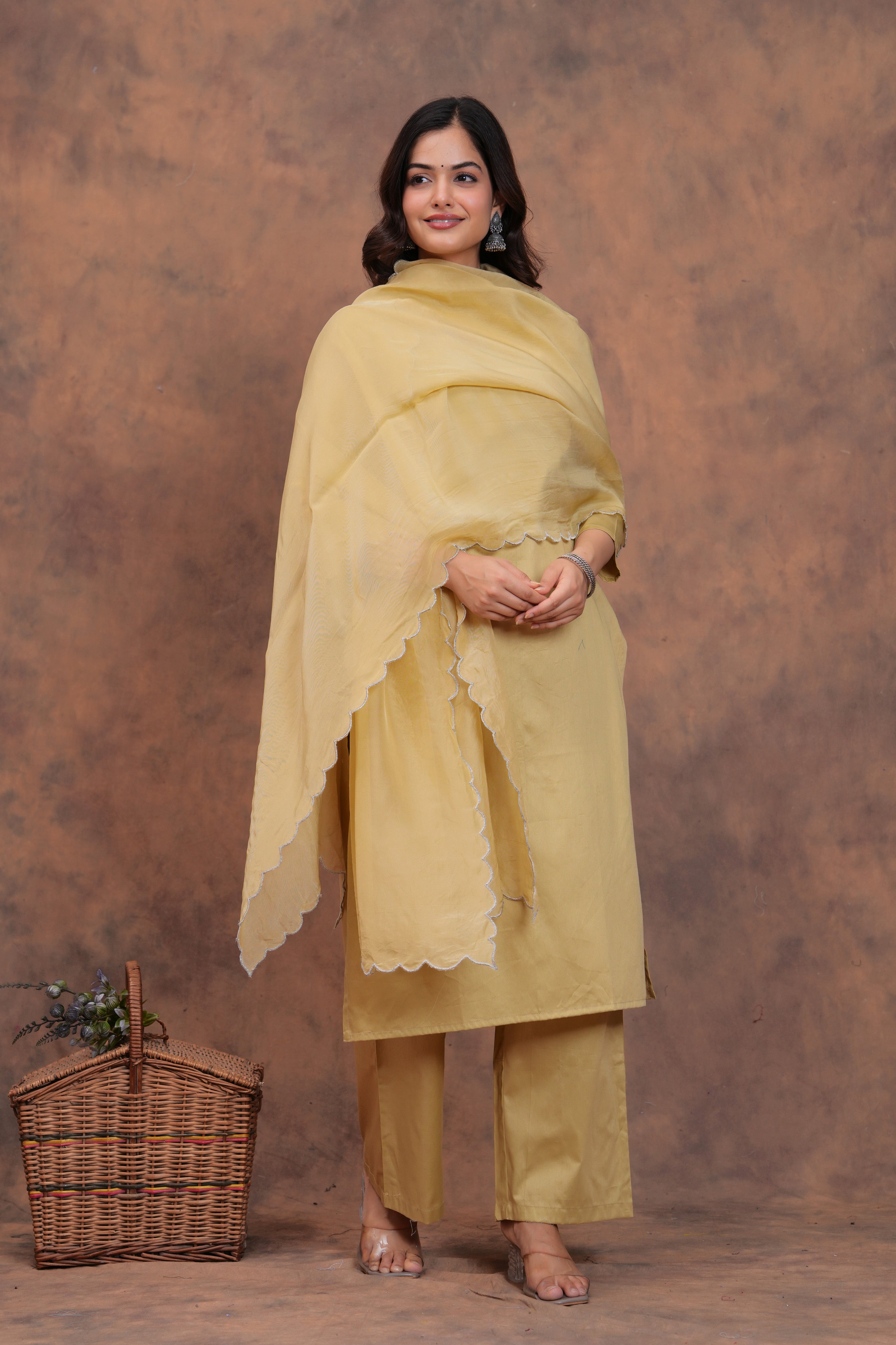 Beige Cotton Silk Scallop Suit Set