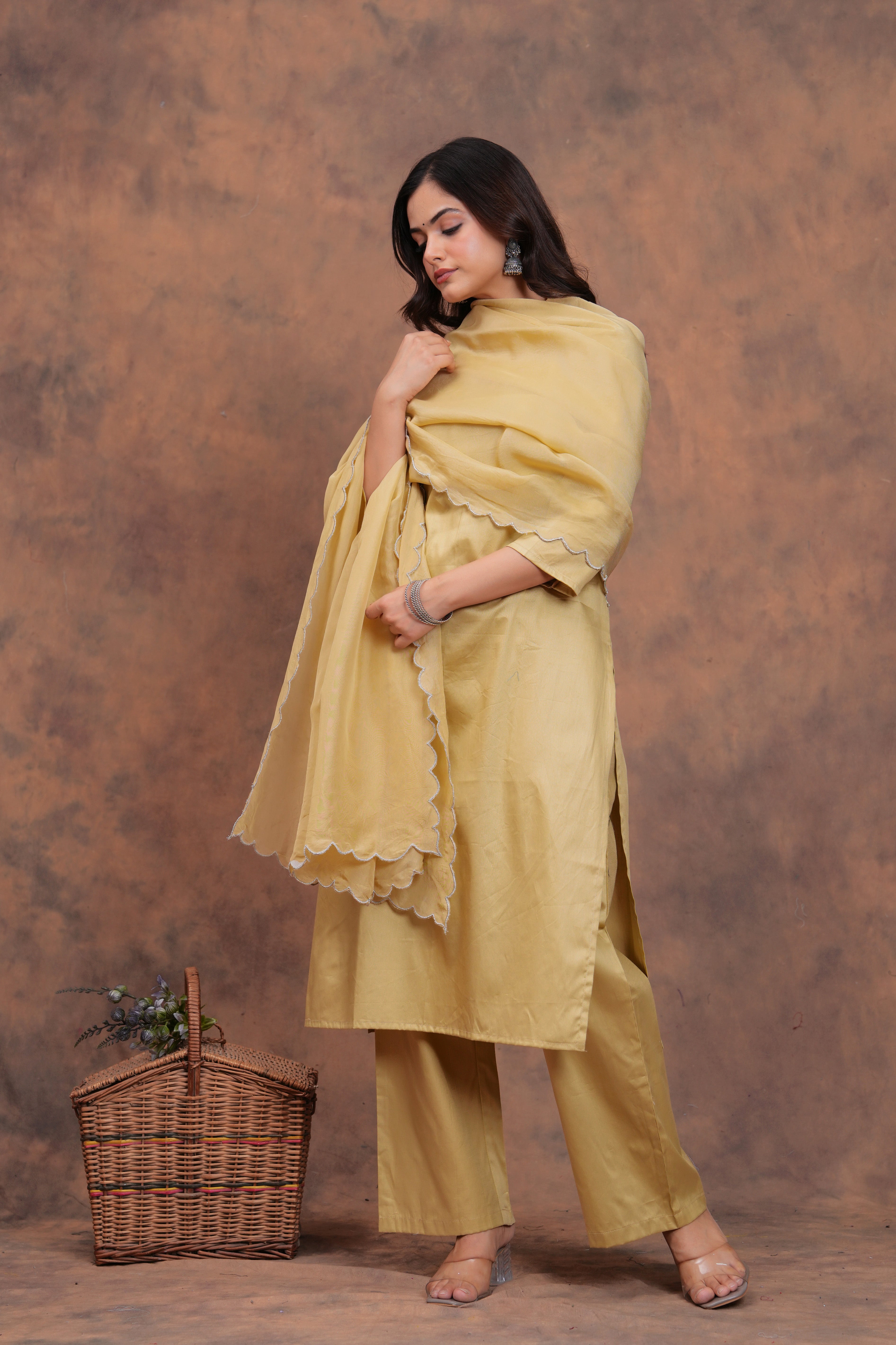 Beige Cotton Silk Scallop Suit Set