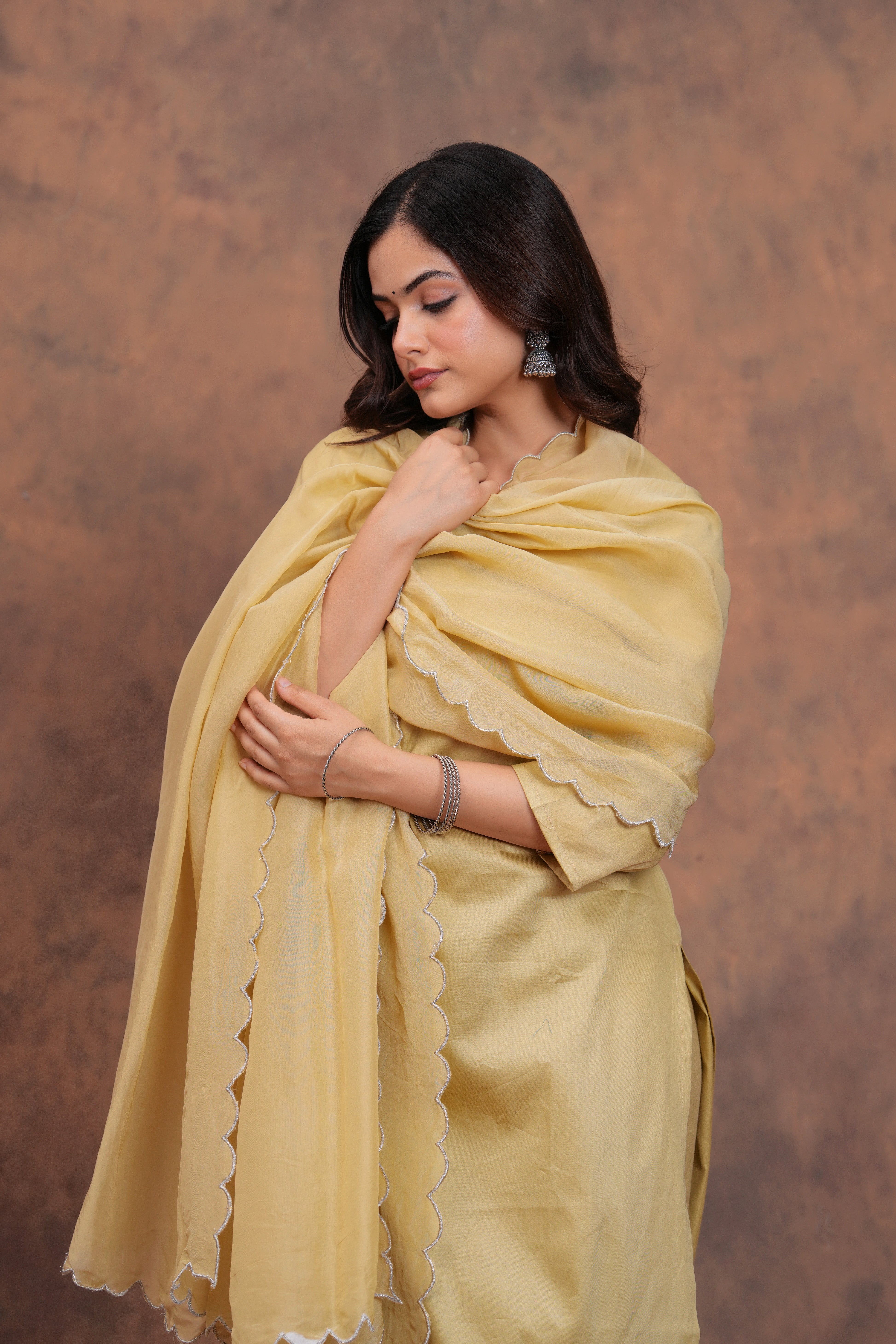 Beige Cotton Silk Scallop Suit Set