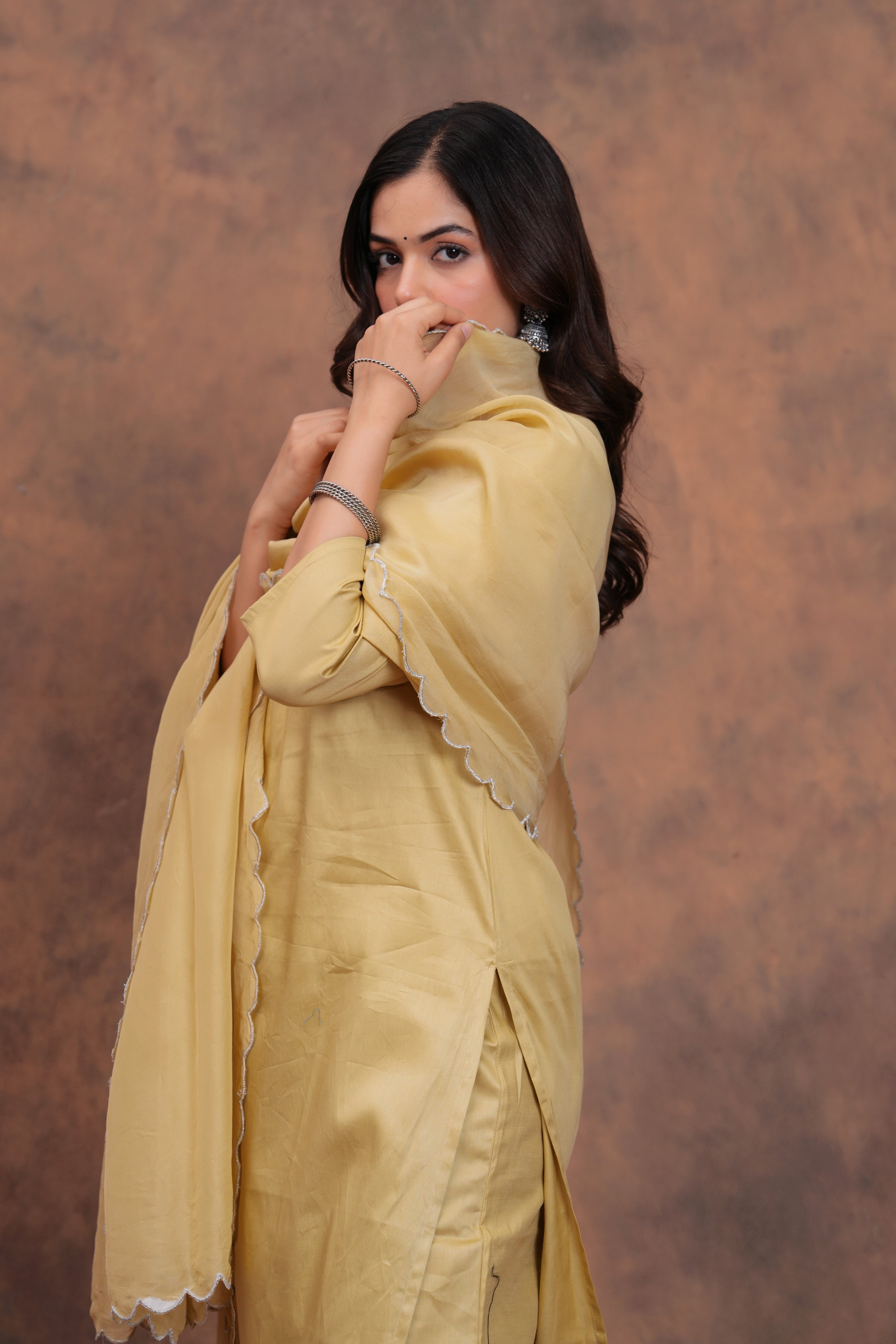 Beige Cotton Silk Scallop Suit Set