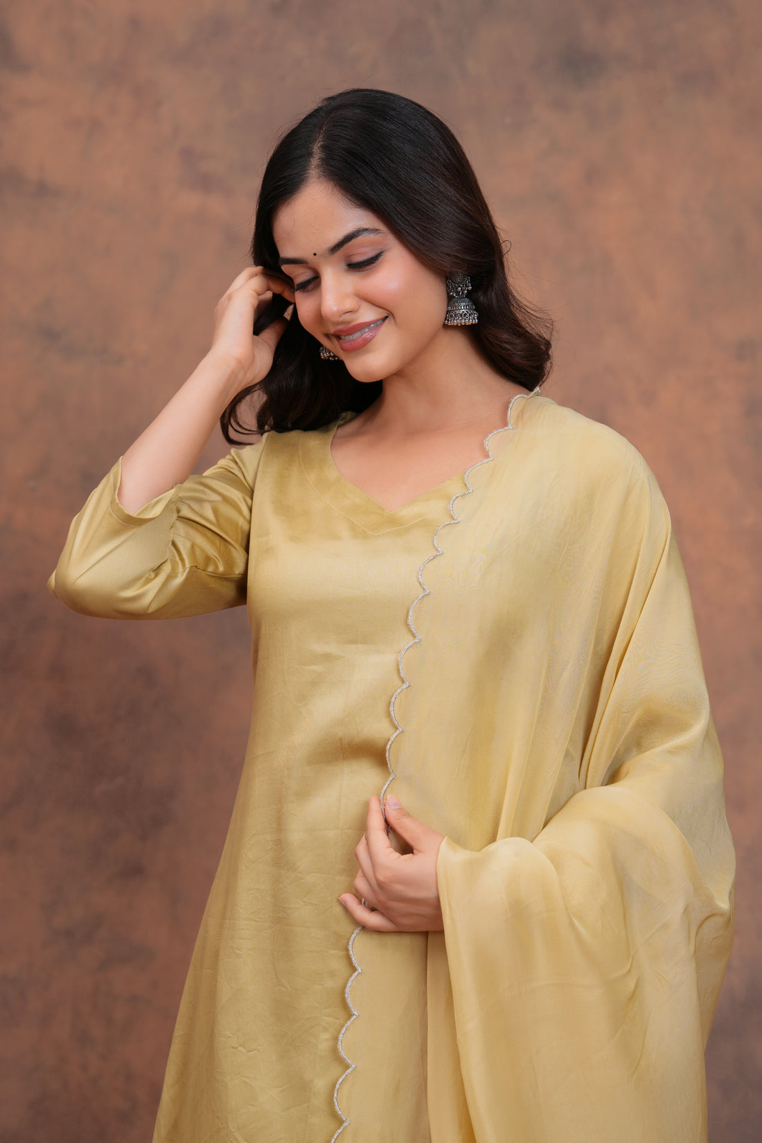 Beige Cotton Silk Scallop Suit Set