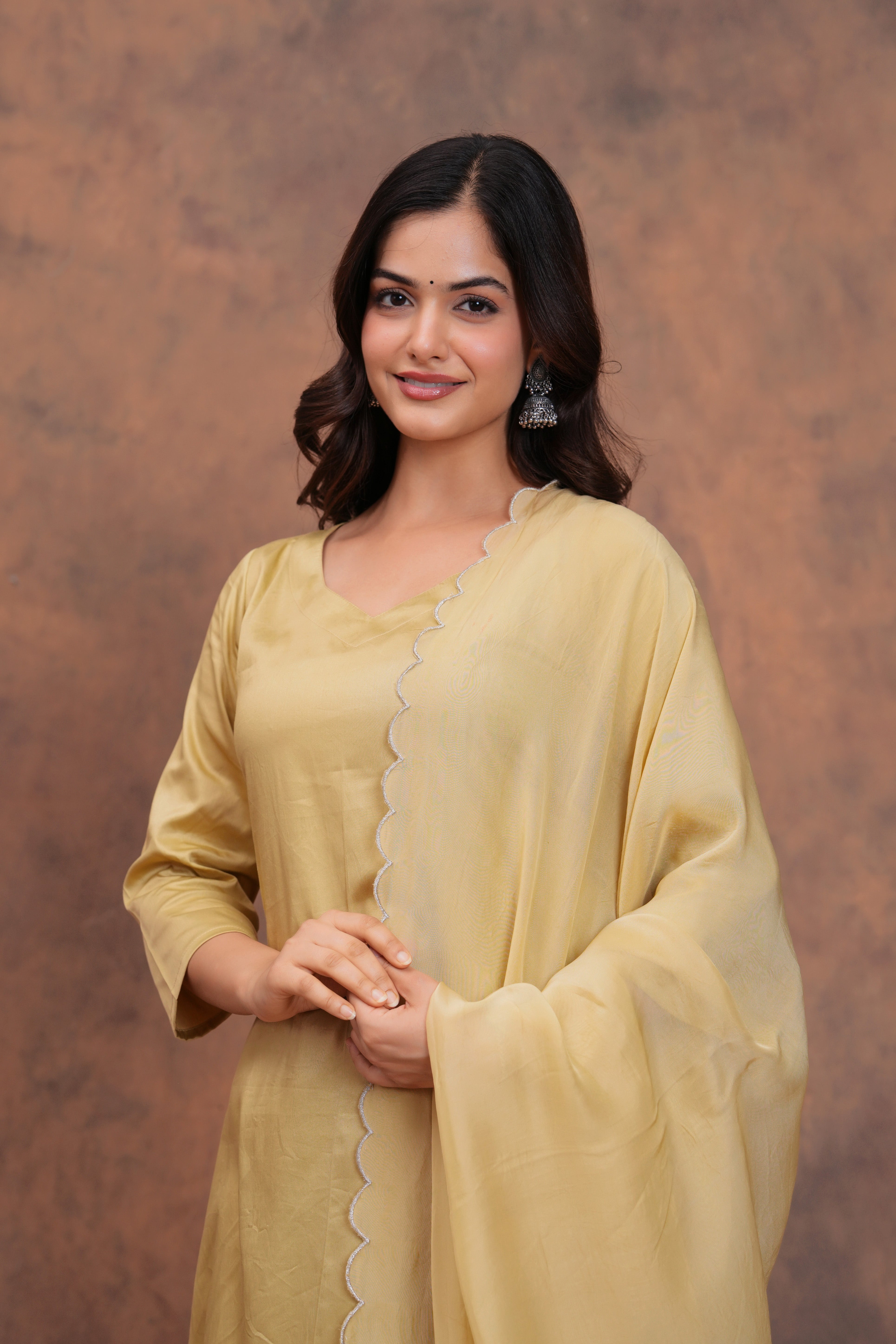 Beige Cotton Silk Scallop Suit Set