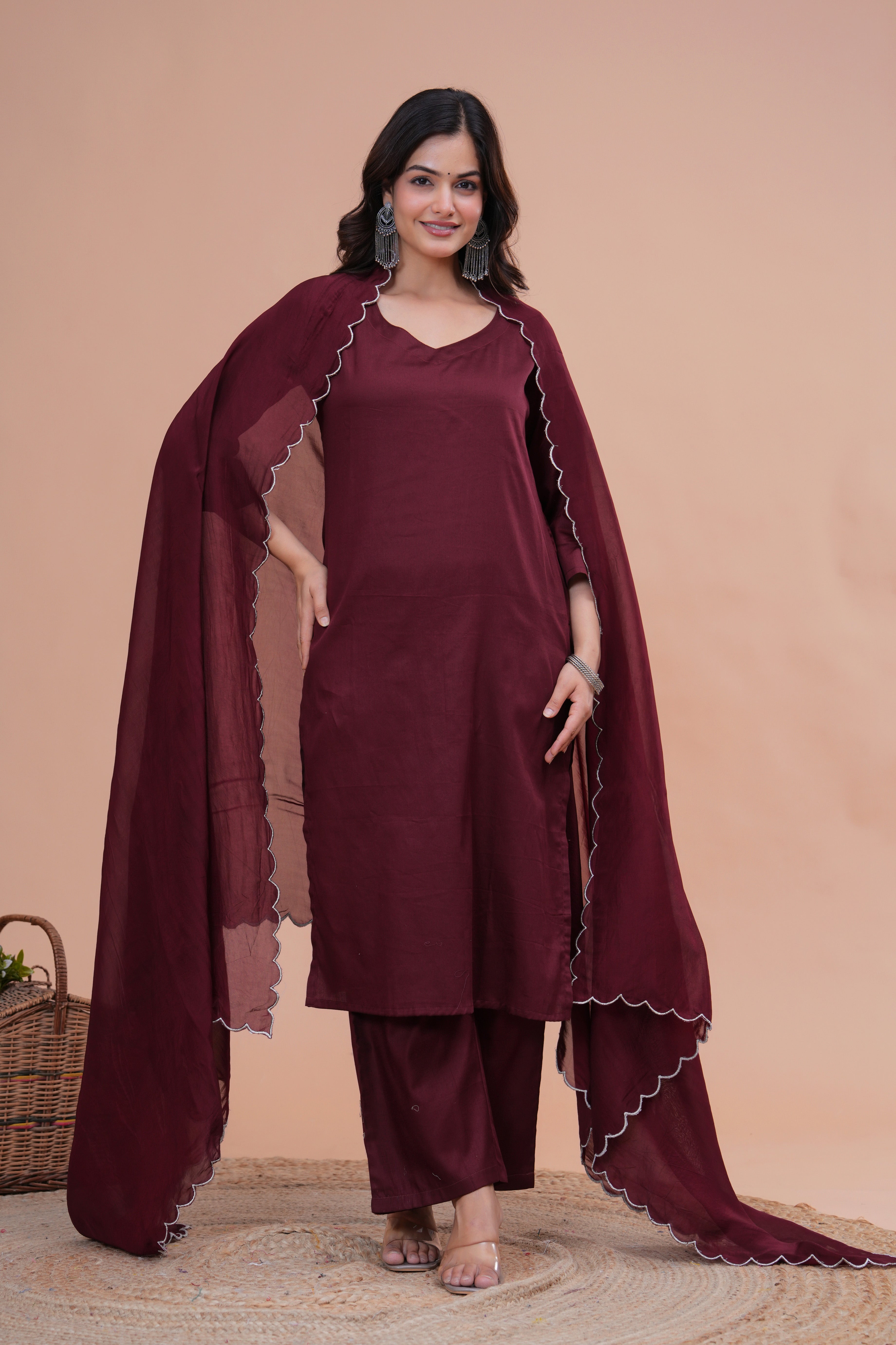 Maroon Cotton Silk Scallop Suit Set