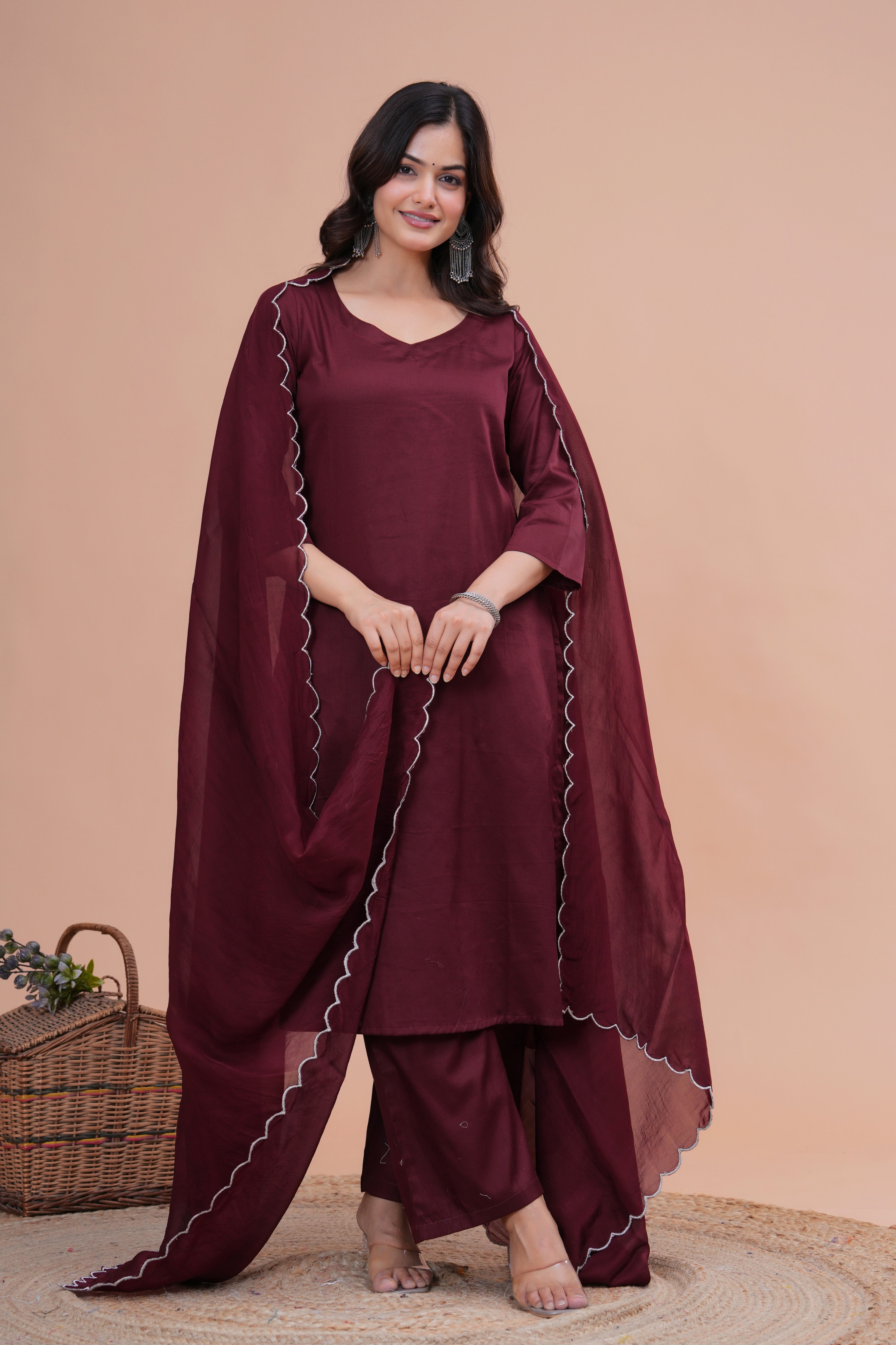 Maroon Cotton Silk Scallop Suit Set