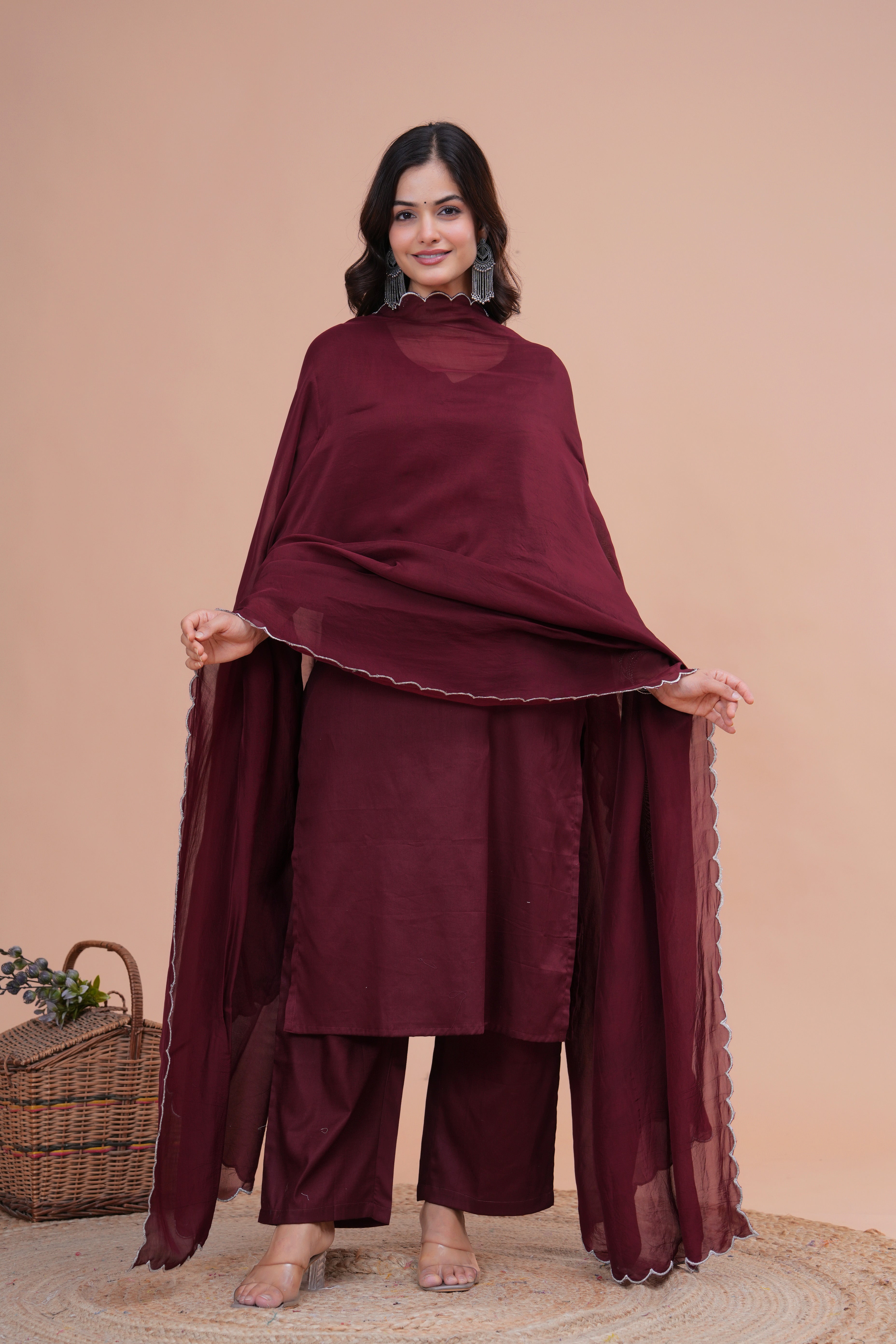 Maroon Cotton Silk Scallop Suit Set