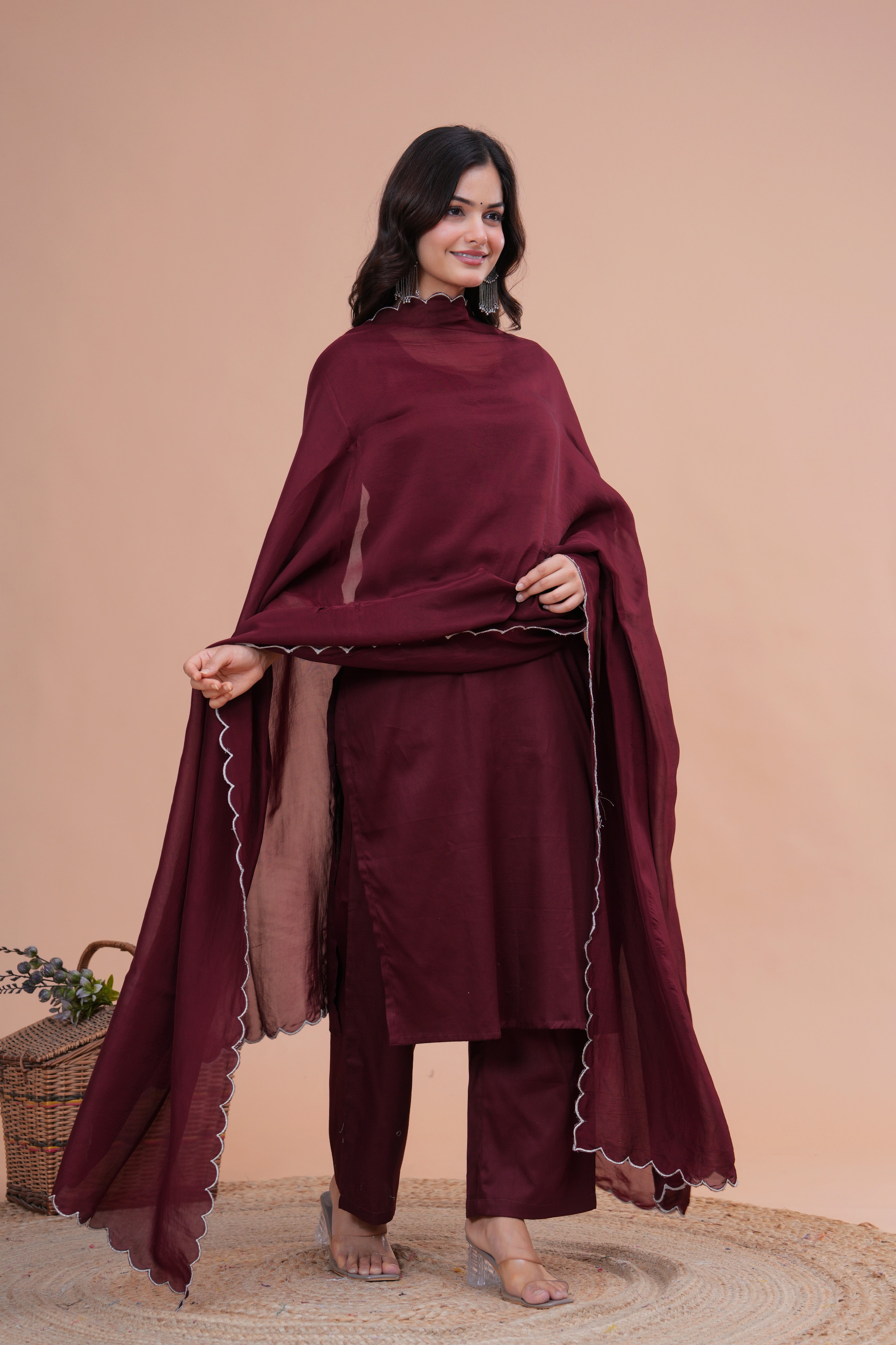 Maroon Cotton Silk Scallop Suit Set