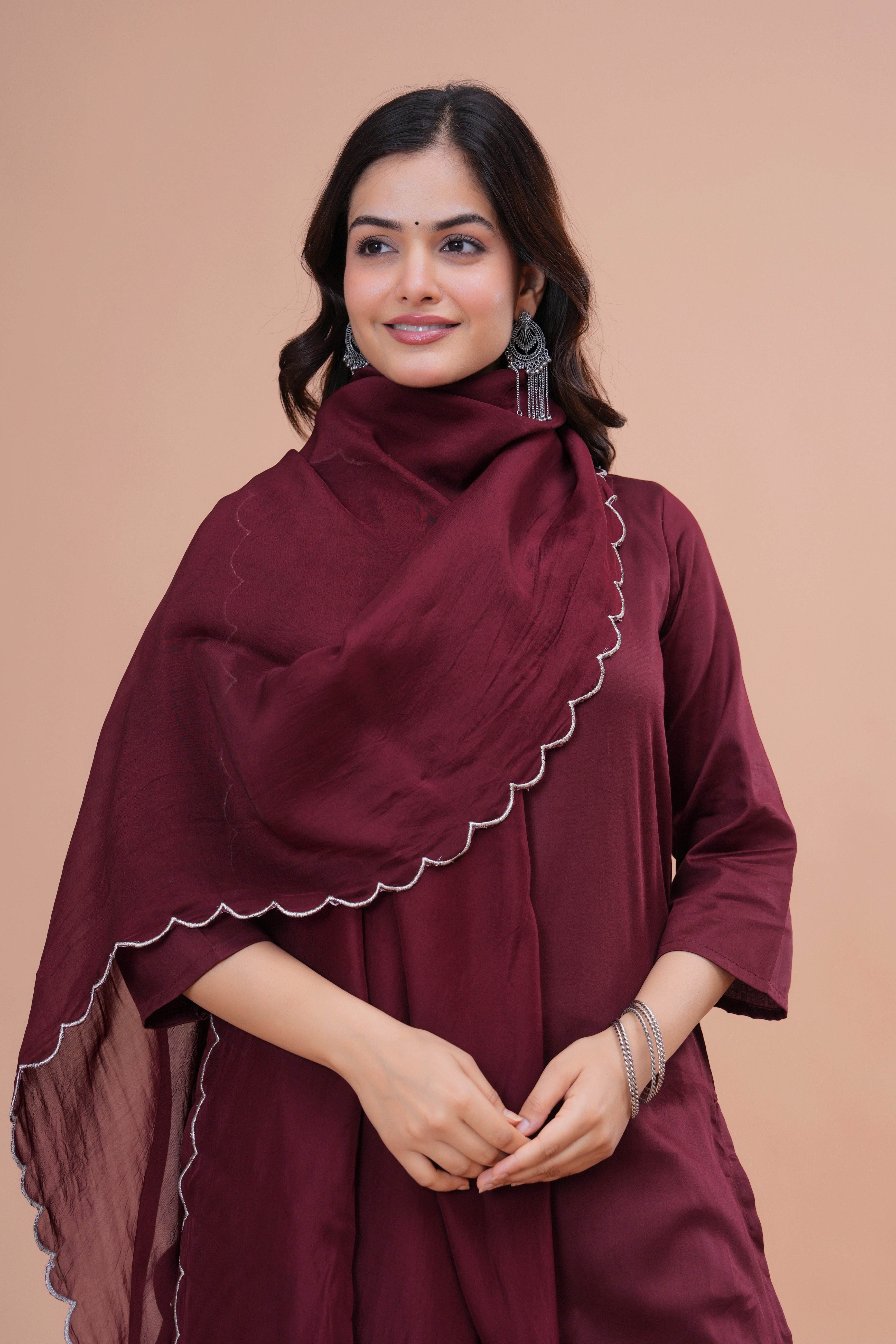 Maroon Cotton Silk Scallop Suit Set