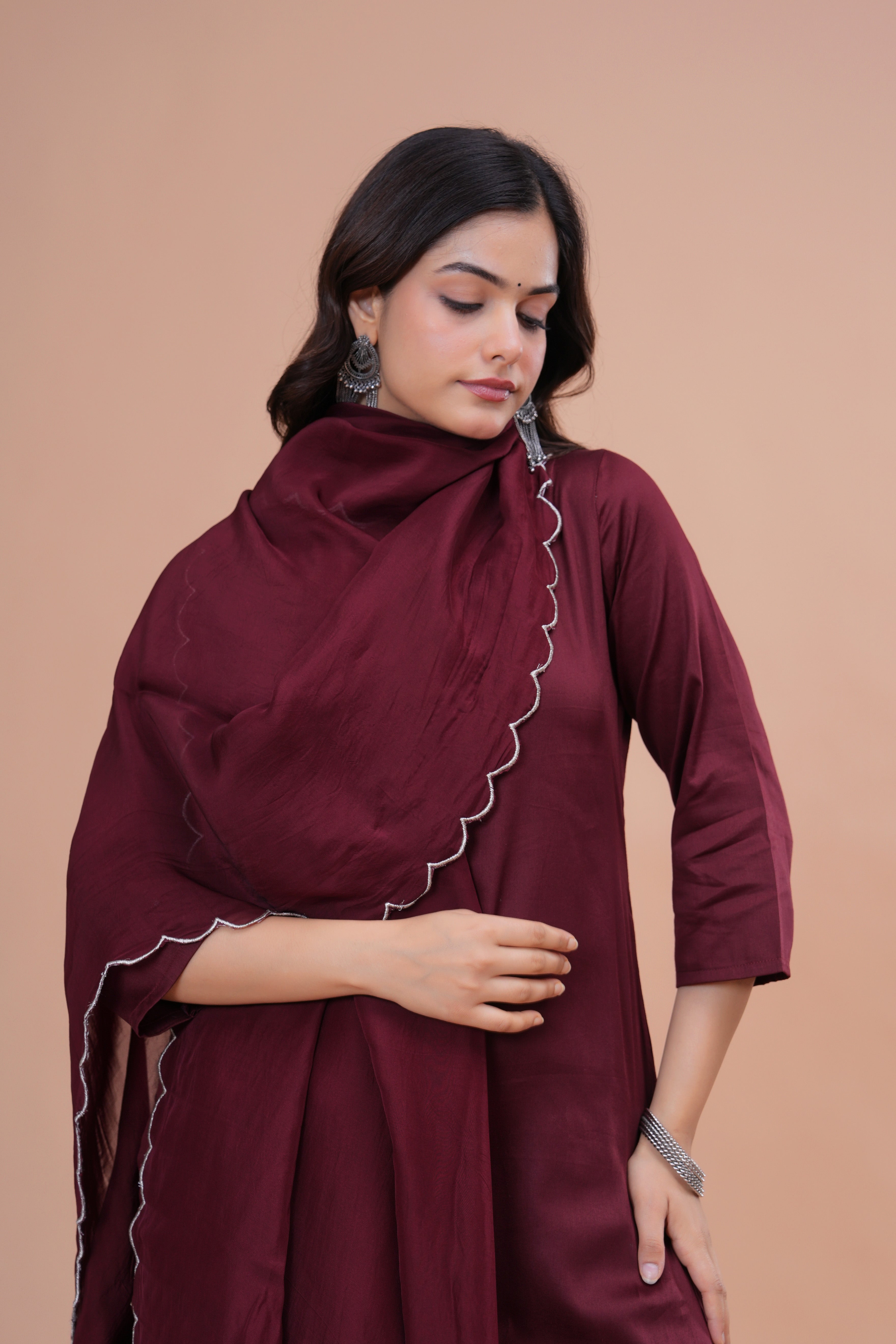 Maroon Cotton Silk Scallop Suit Set