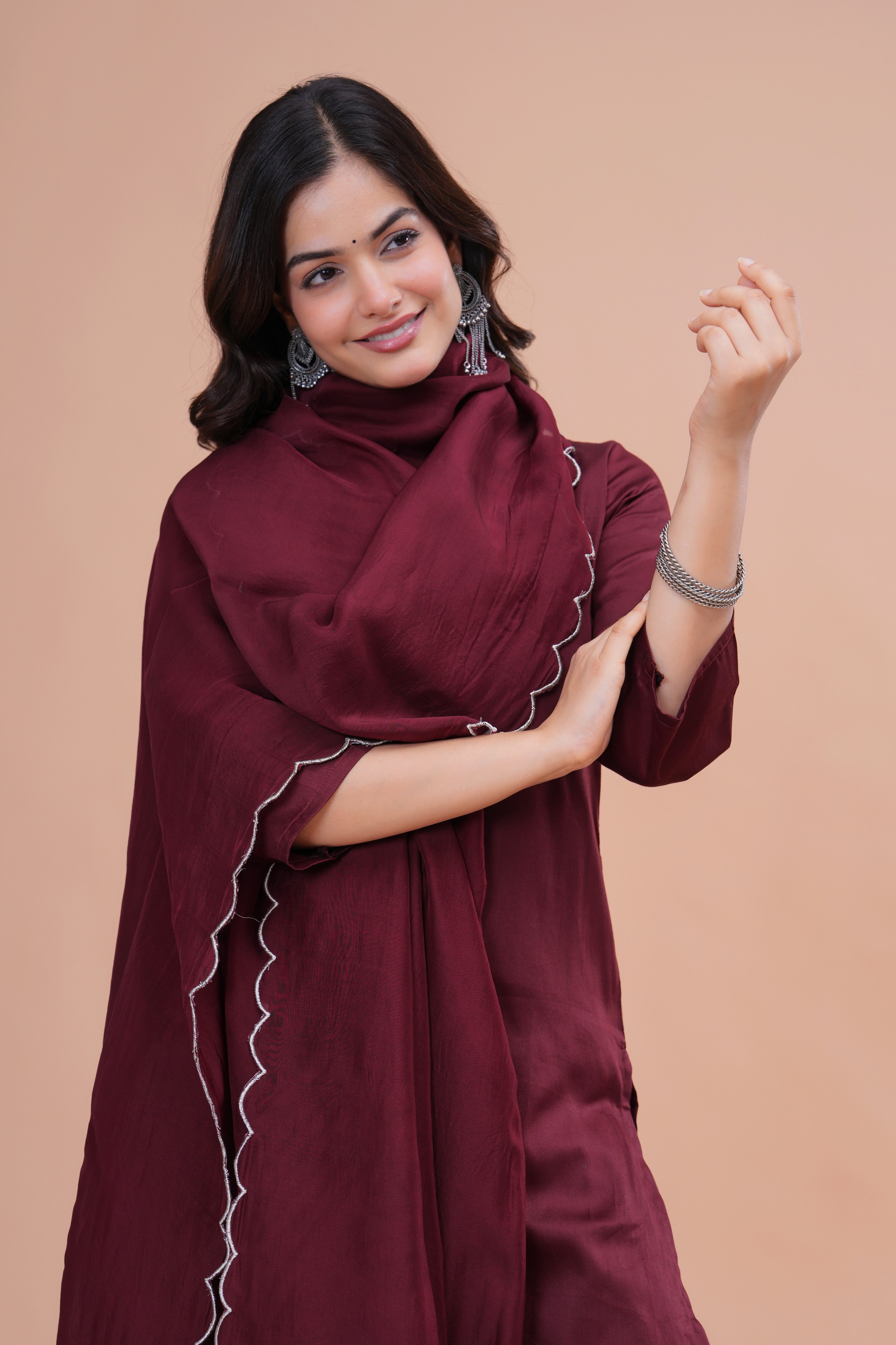Maroon Cotton Silk Scallop Suit Set
