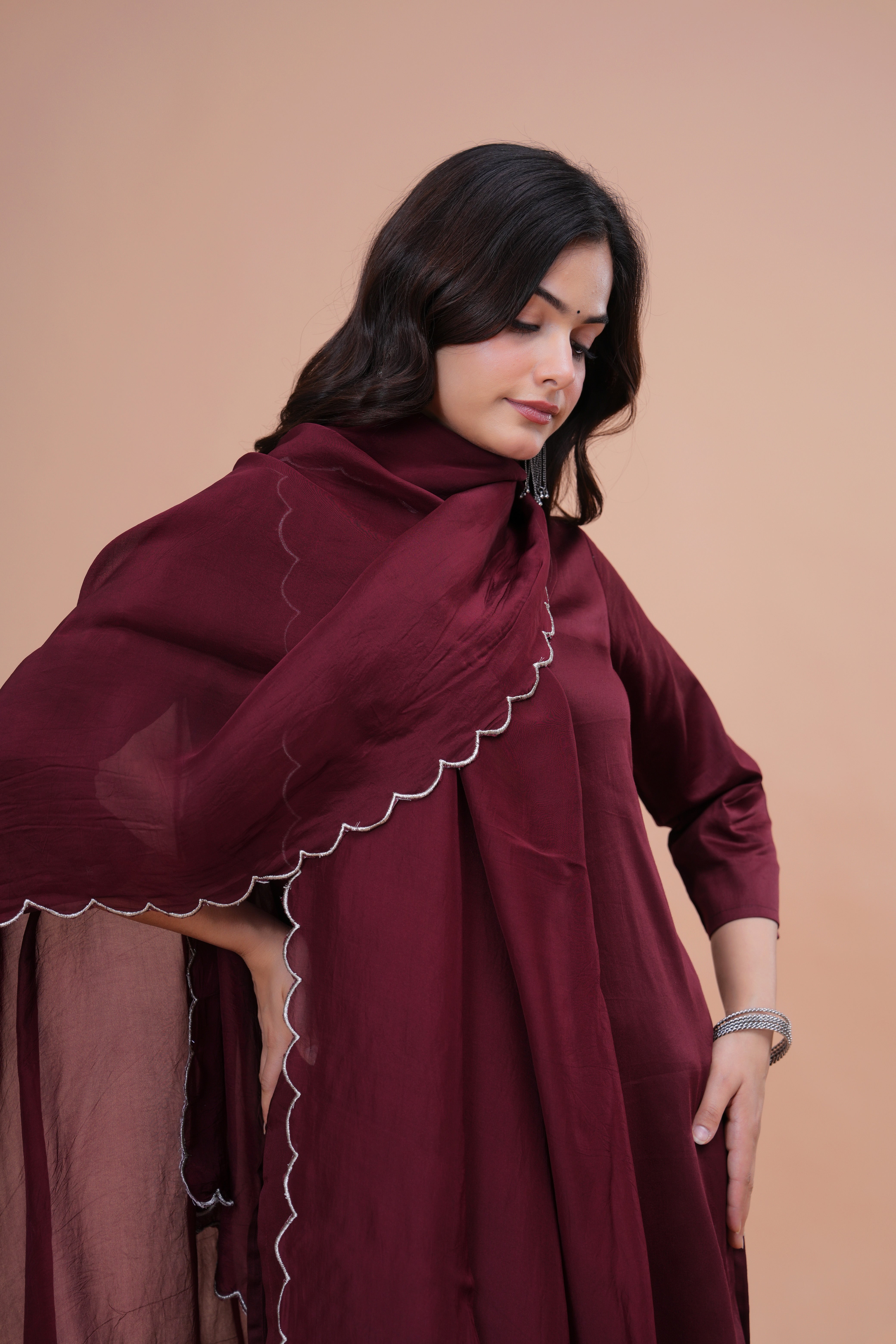 Maroon Cotton Silk Scallop Suit Set
