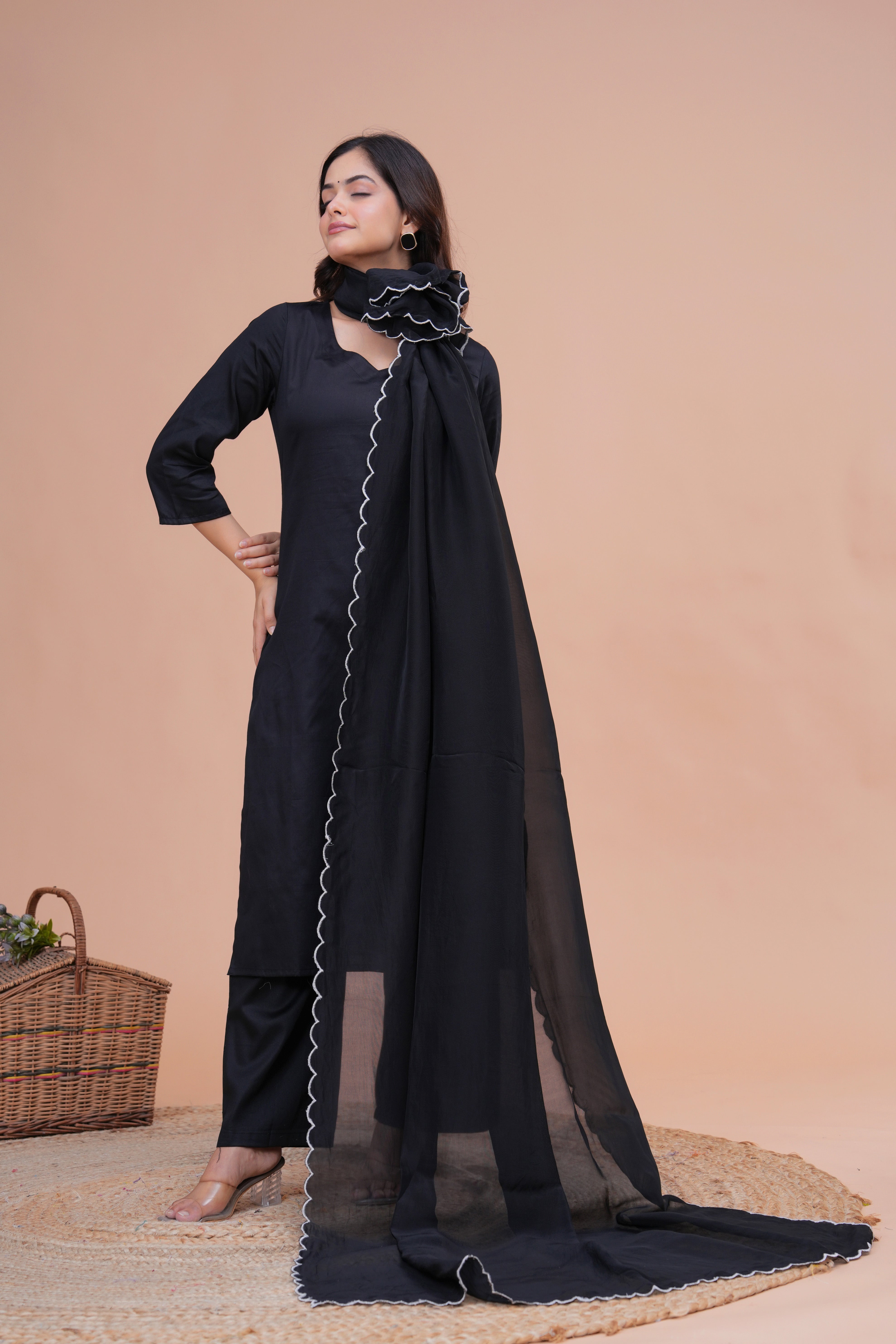 Black Cotton Silk Scallop Suit Set