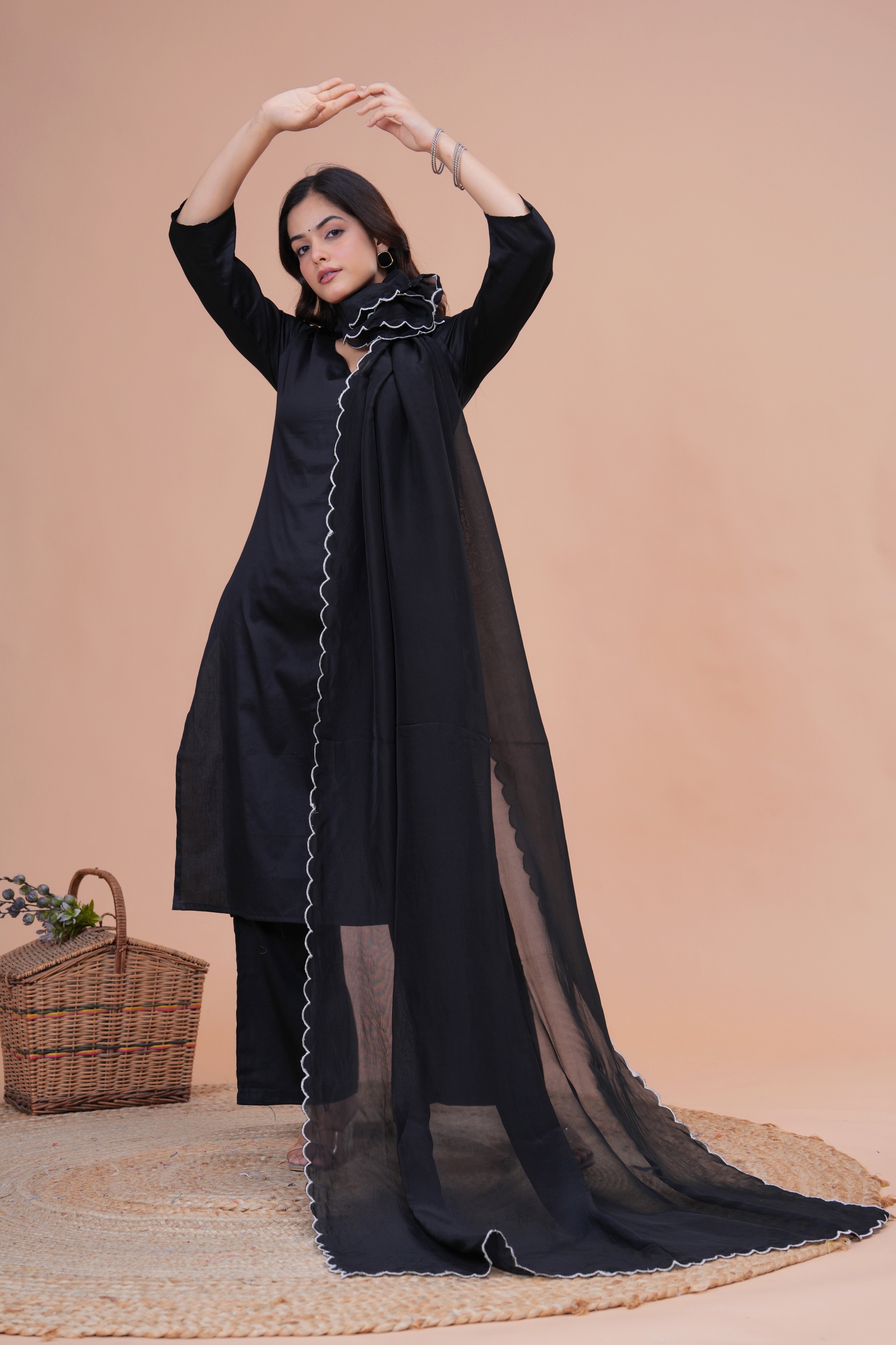 Black Cotton Silk Scallop Suit Set