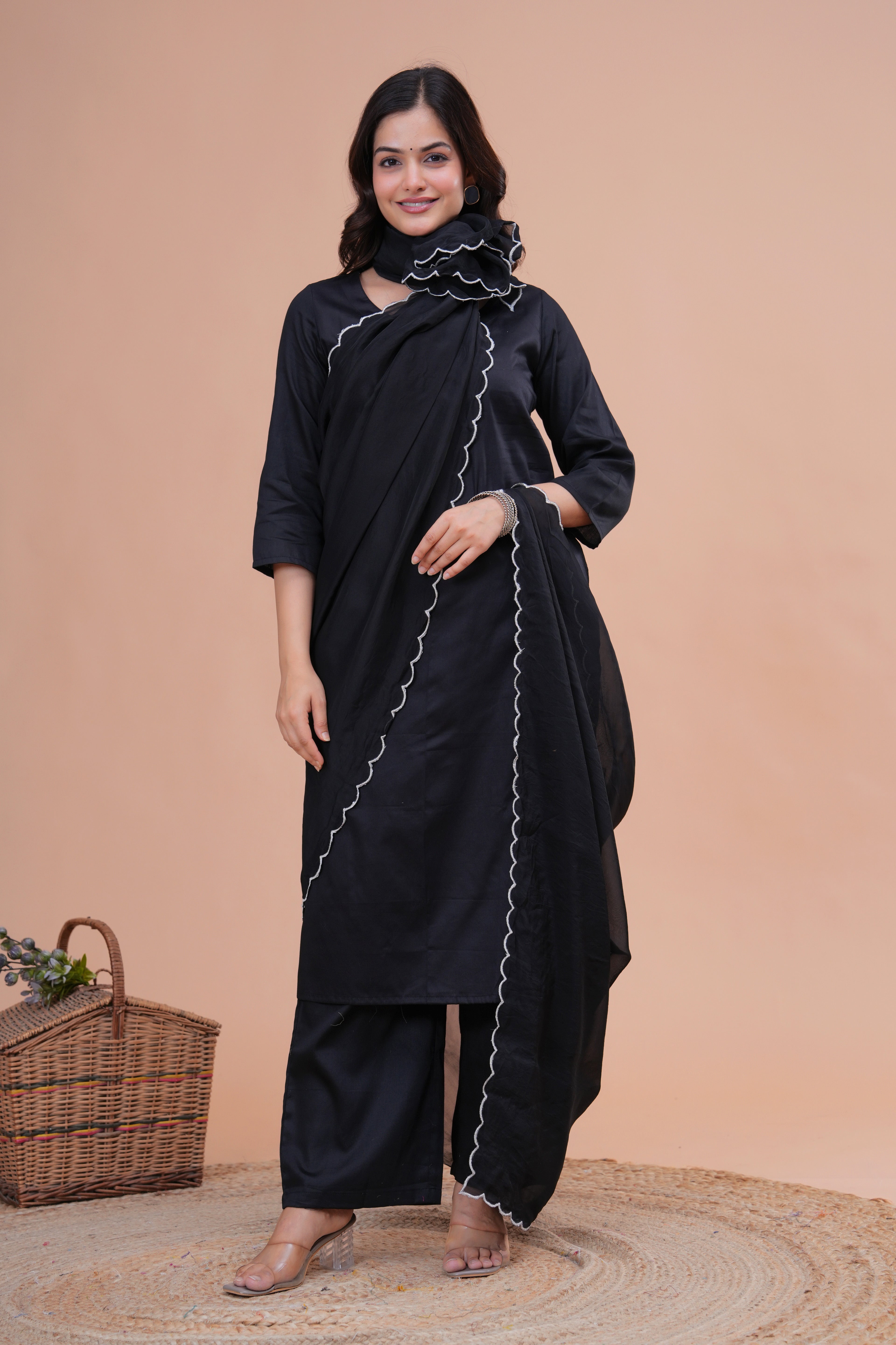 Black Cotton Silk Scallop Suit Set