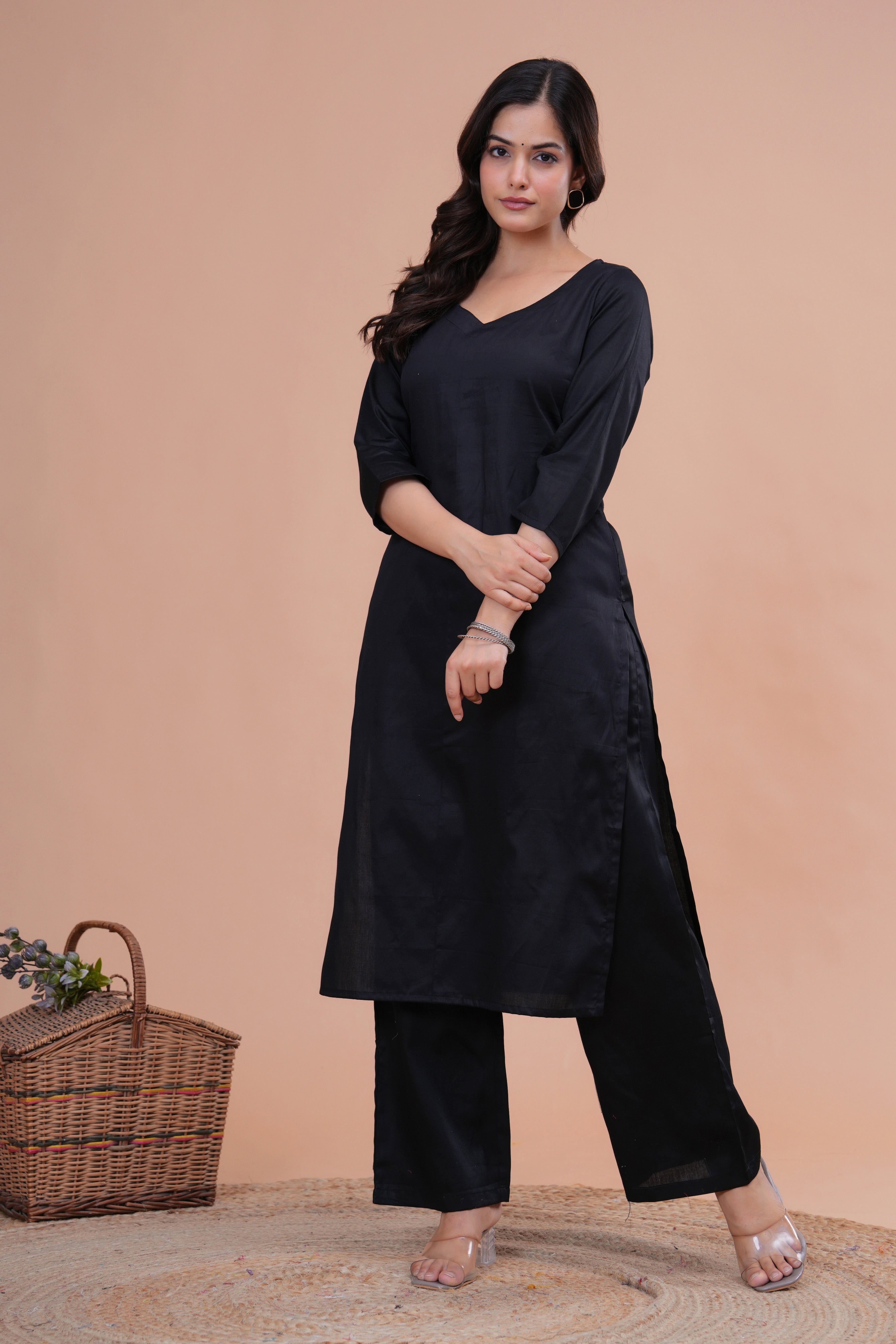 Black Cotton Silk Scallop Suit Set