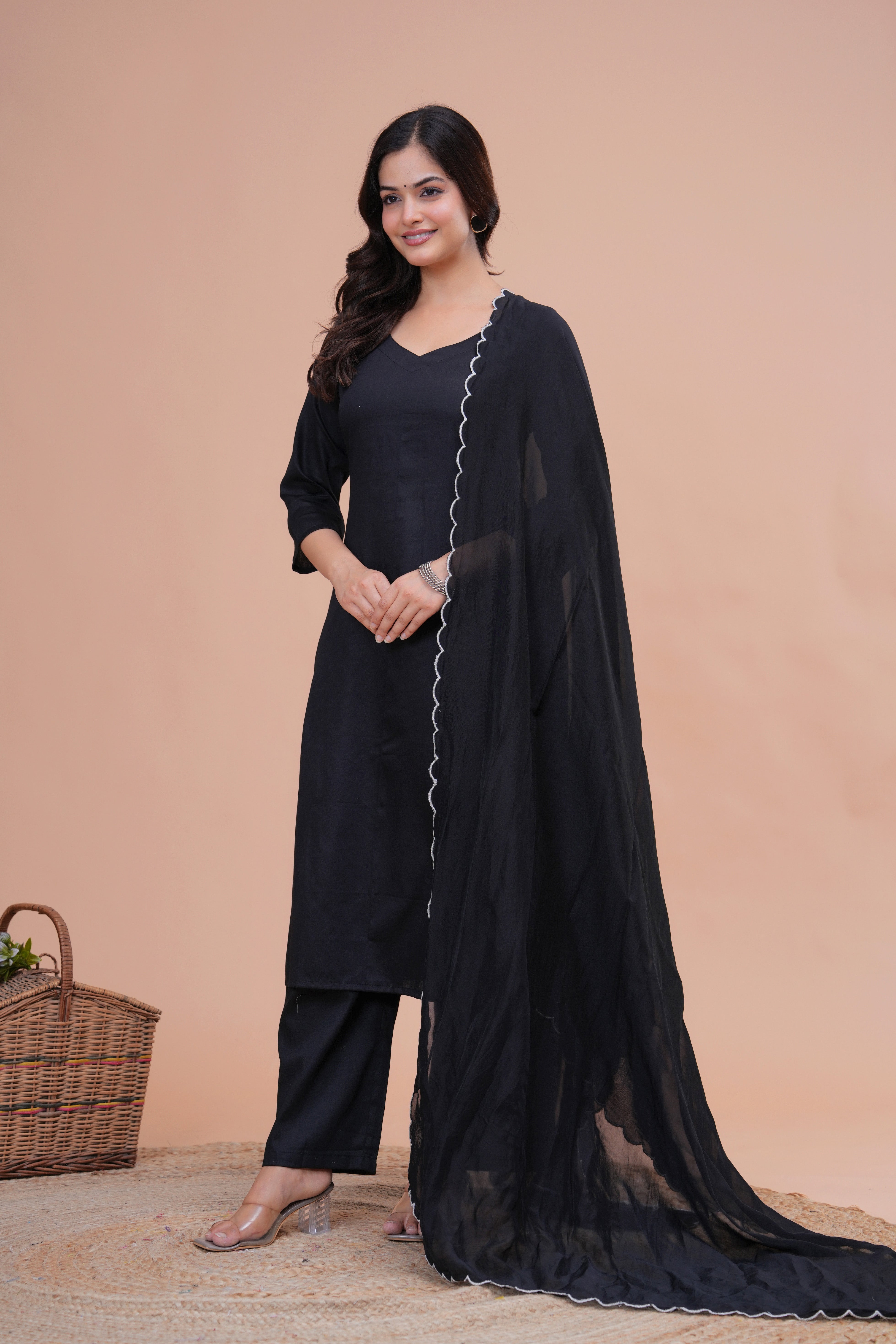 Black Cotton Silk Scallop Suit Set