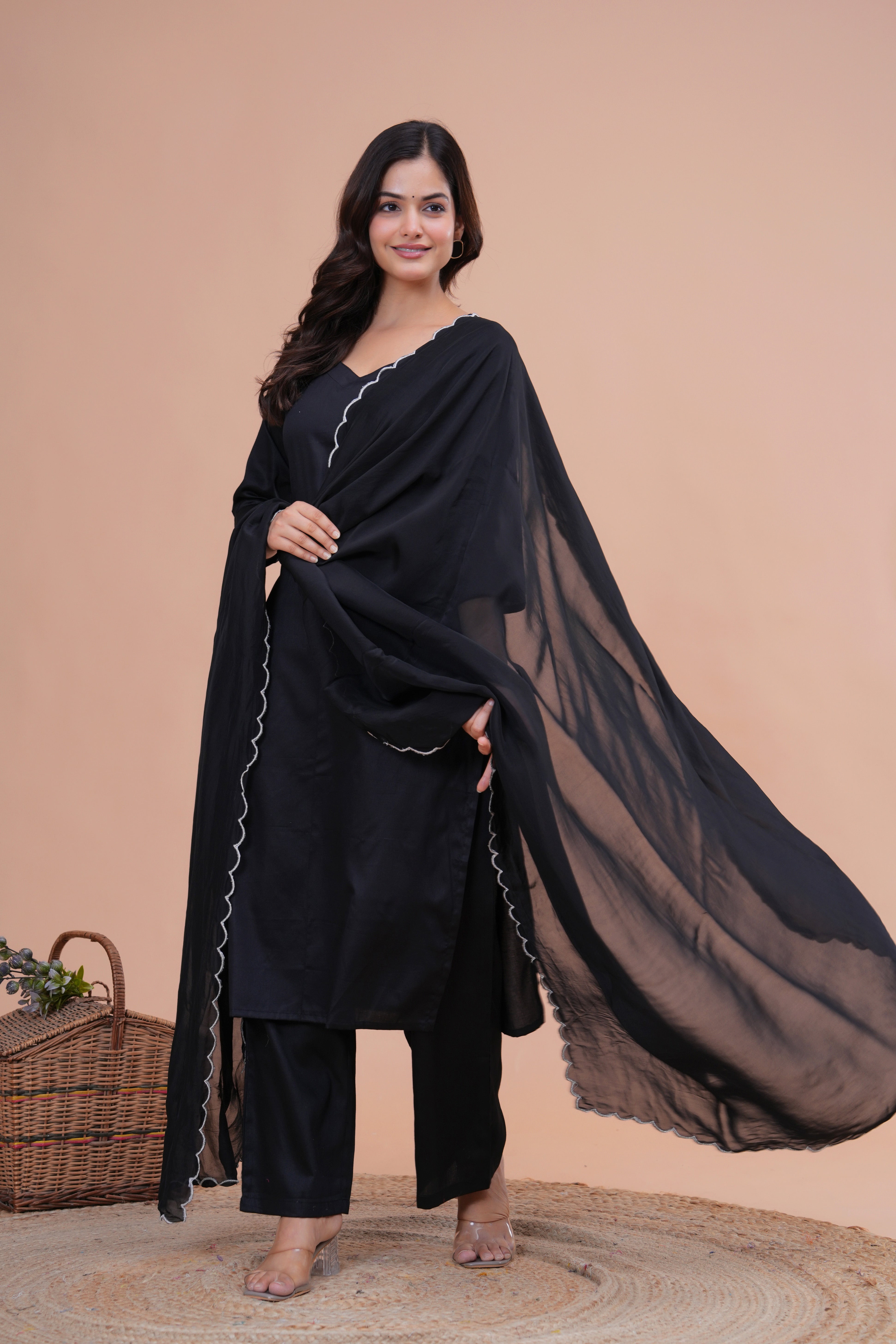 Black Cotton Silk Scallop Suit Set