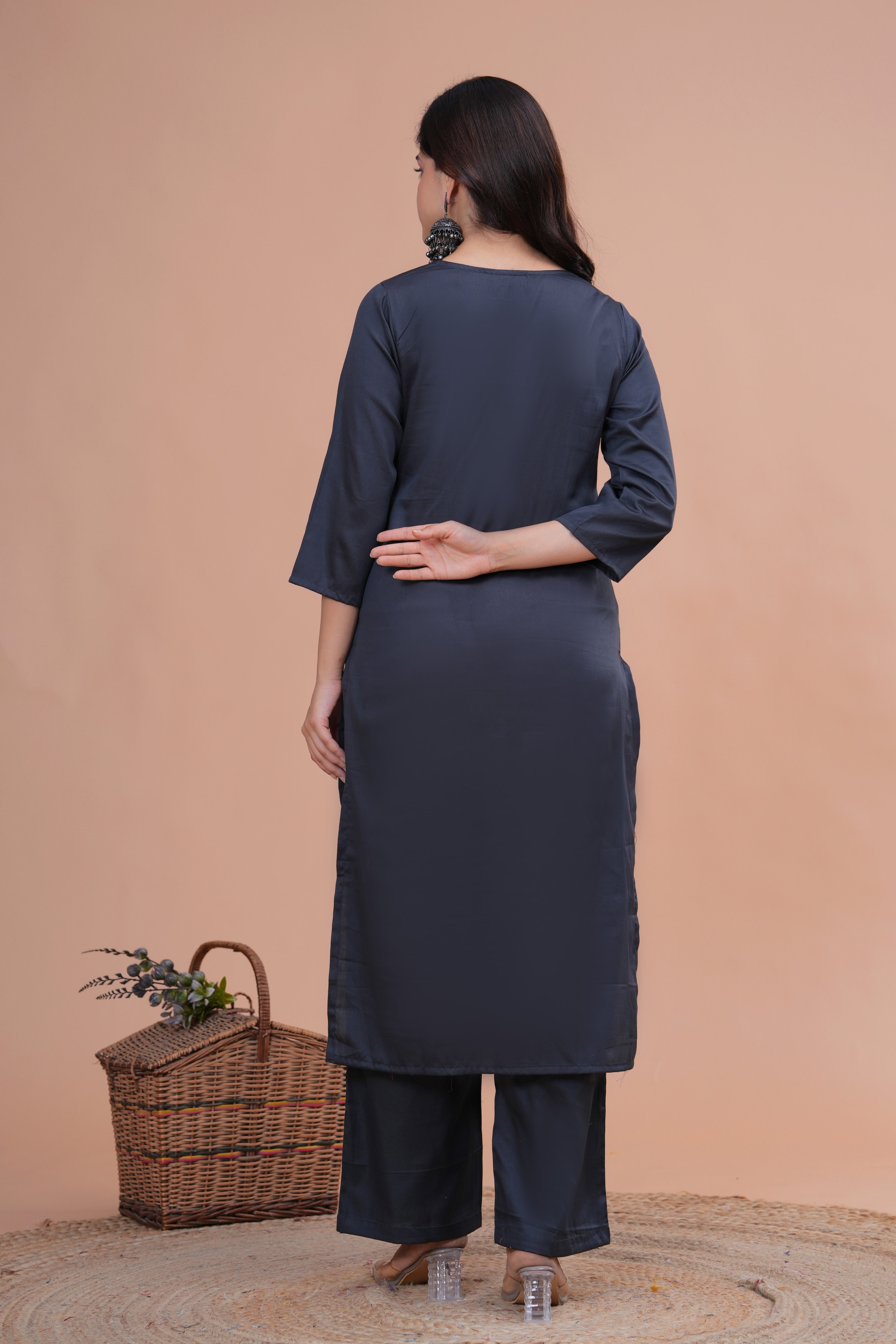 Grey Cotton Silk Scallop Suit Set