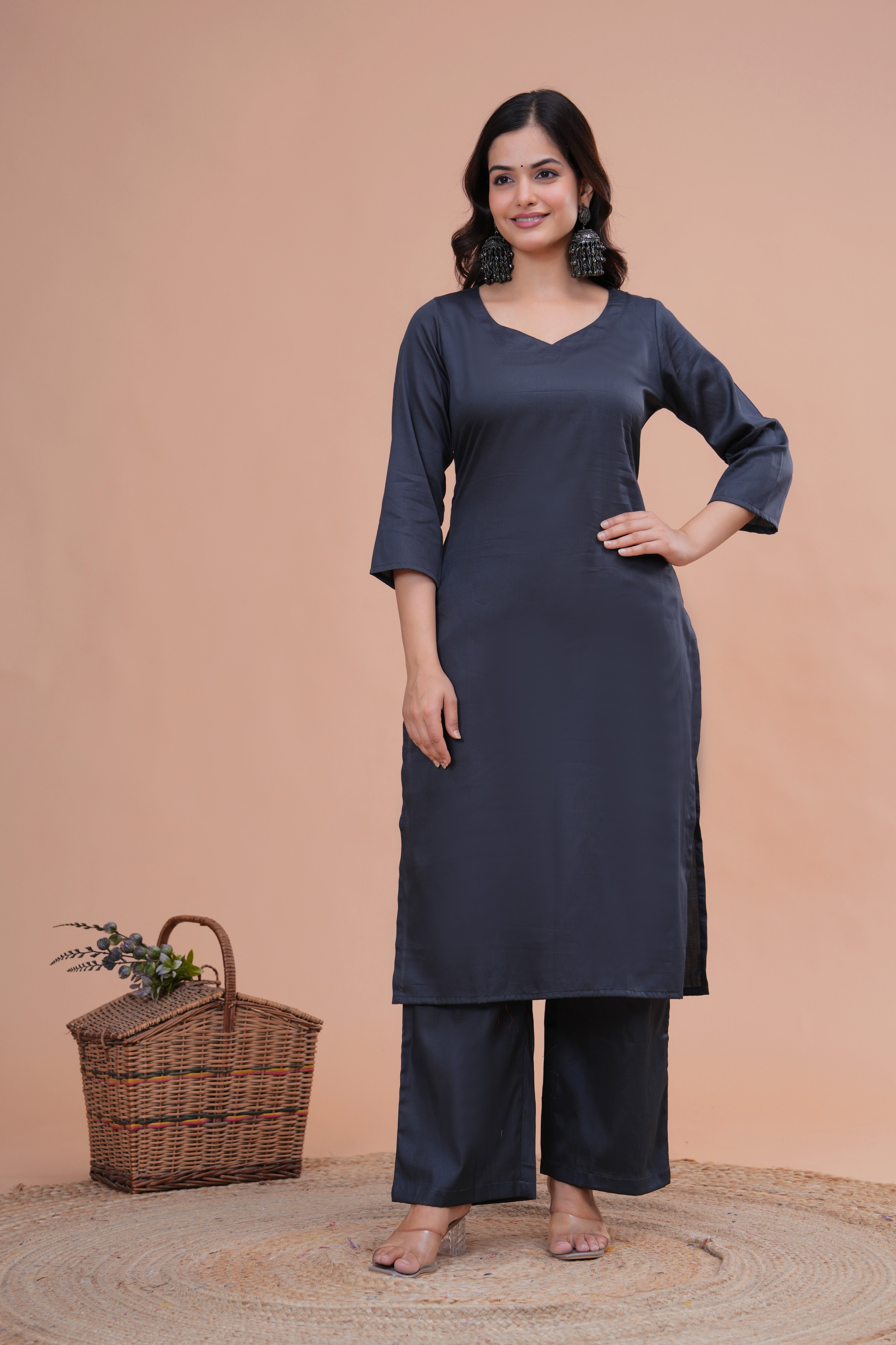 Grey Cotton Silk Scallop Suit Set