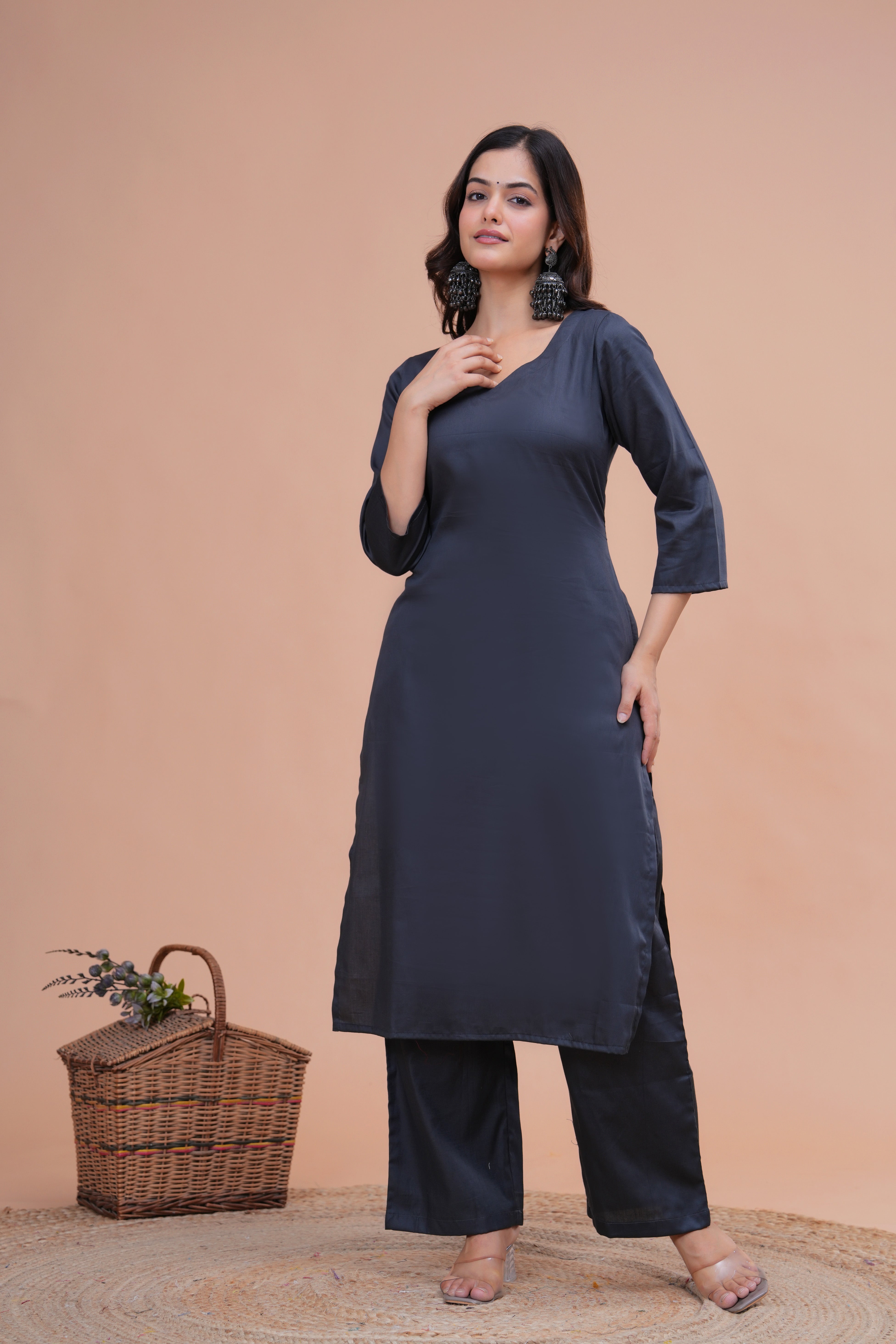 Grey Cotton Silk Scallop Suit Set