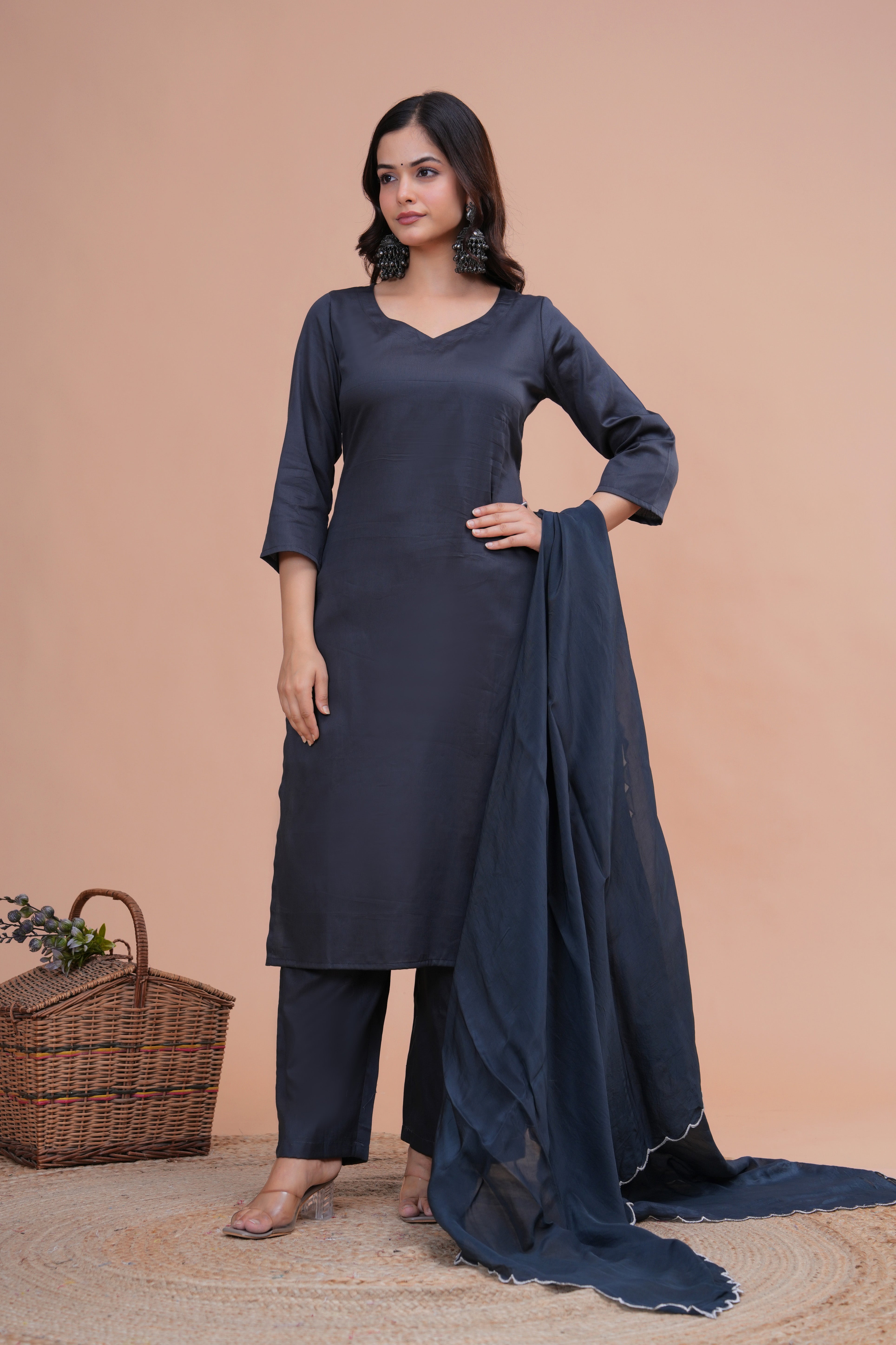 Grey Cotton Silk Scallop Suit Set